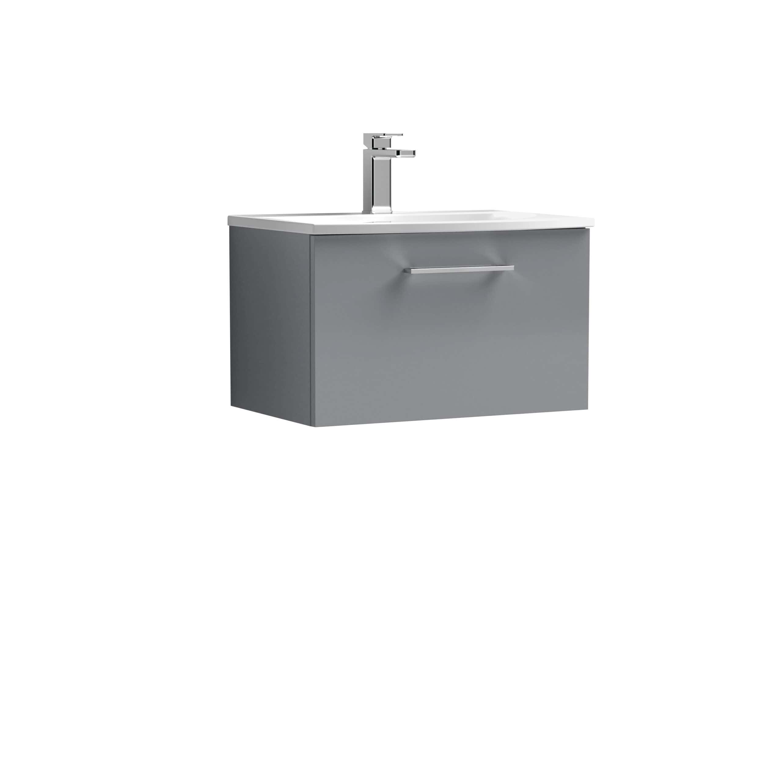 Modern grey bathroom vanity with integrated sink and chrome faucet for contemporary bathroom decor.