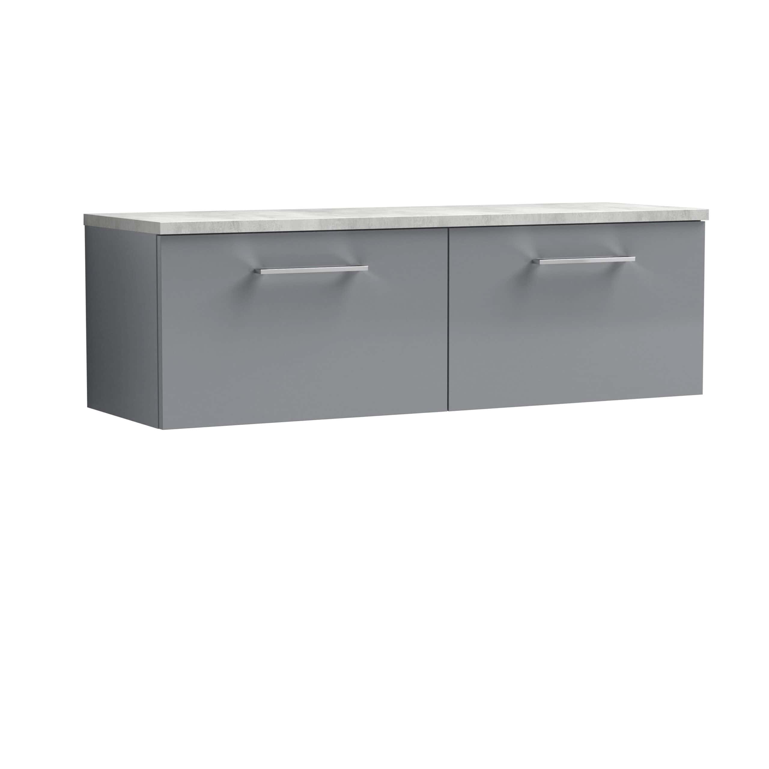 Sleek grey bathroom vanity with a white marble top, modern handles, and ample storage space, perfect for contemporary bathroom designs, from Bubly Bathrooms.