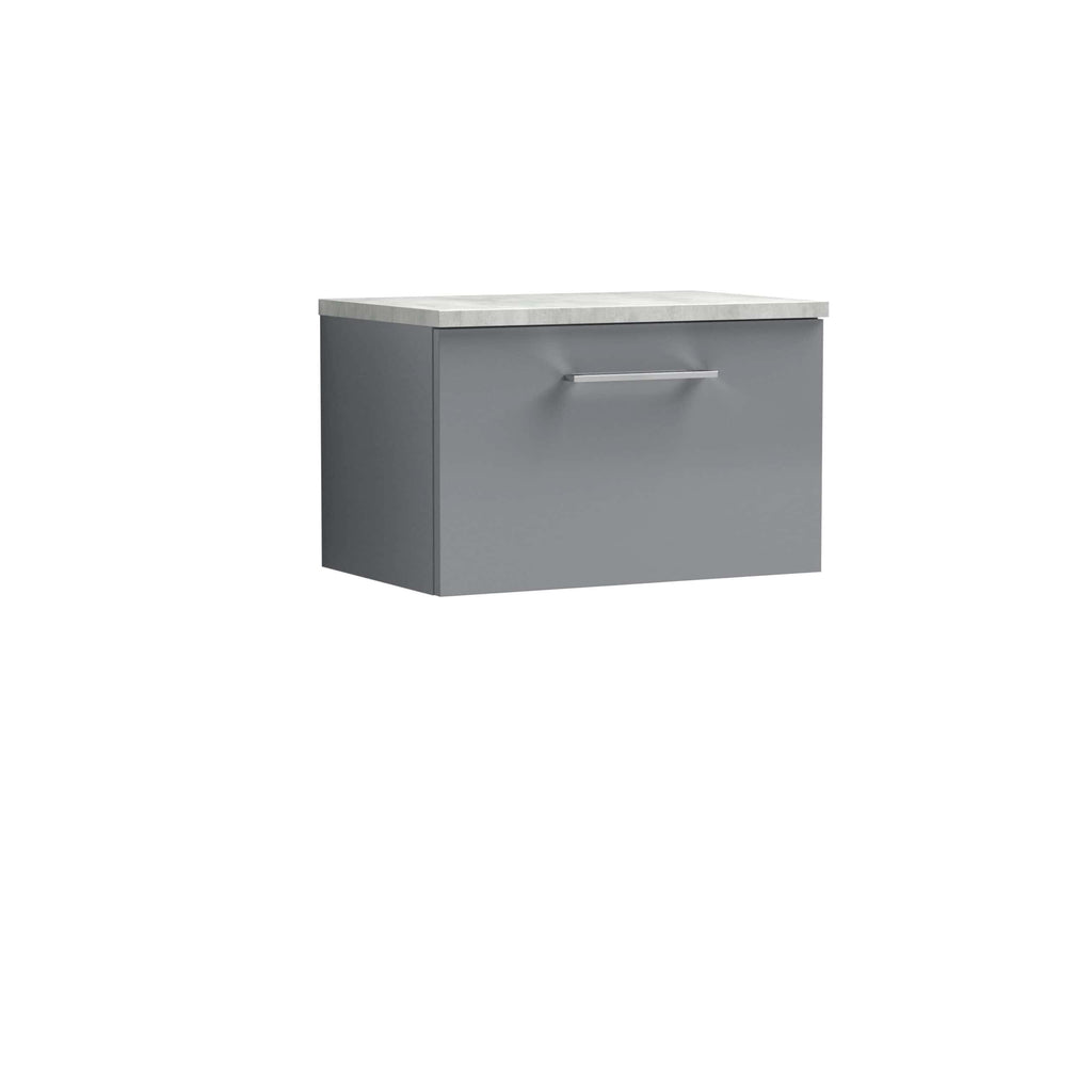 Sleek grey bathroom vanity unit with a minimalist design, featuring a smooth handle and marble-effect top, perfect for modern bathroom décors.