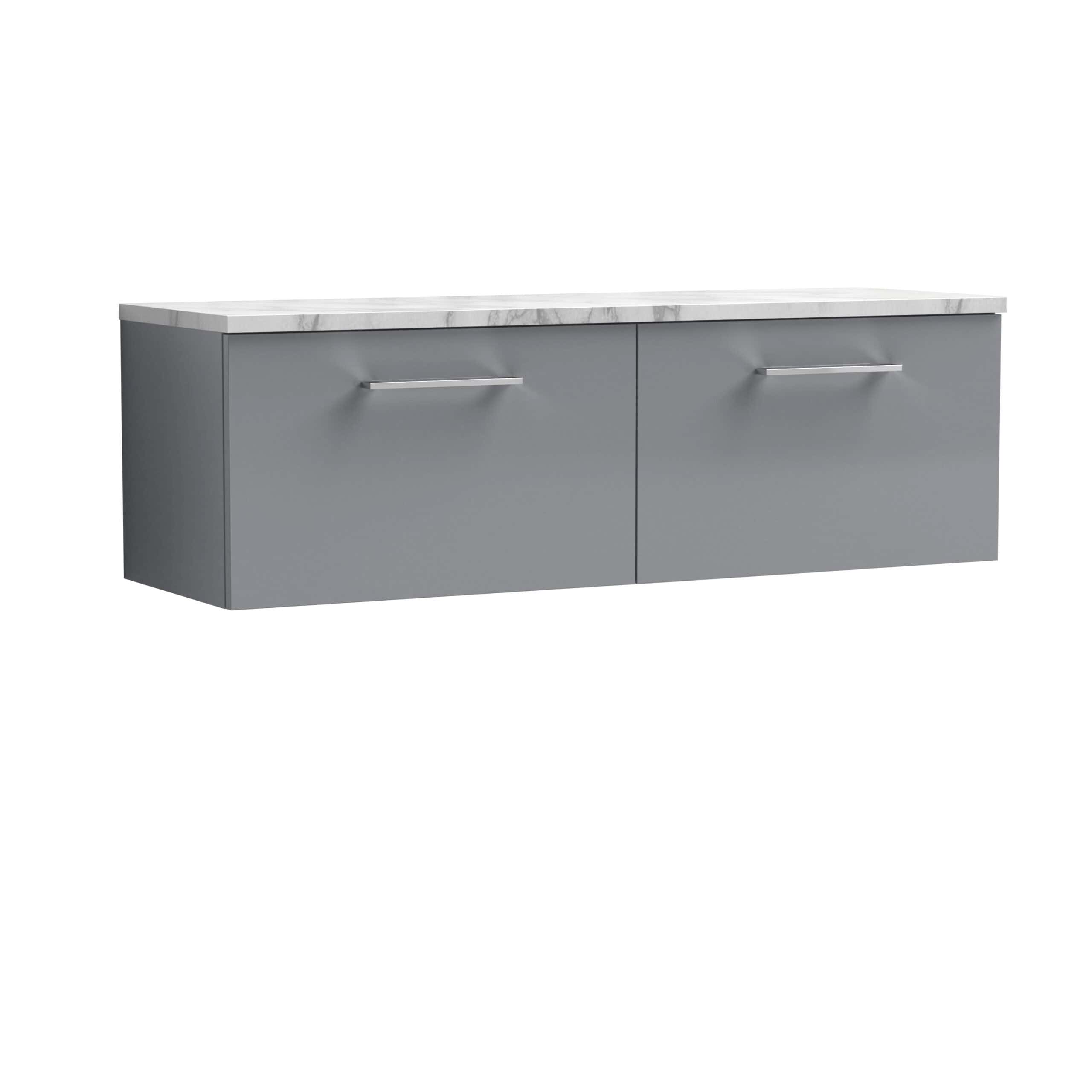 Modern grey bathroom vanity with marble top, sleek handles, and ample storage space, perfect for contemporary bathroom designs.