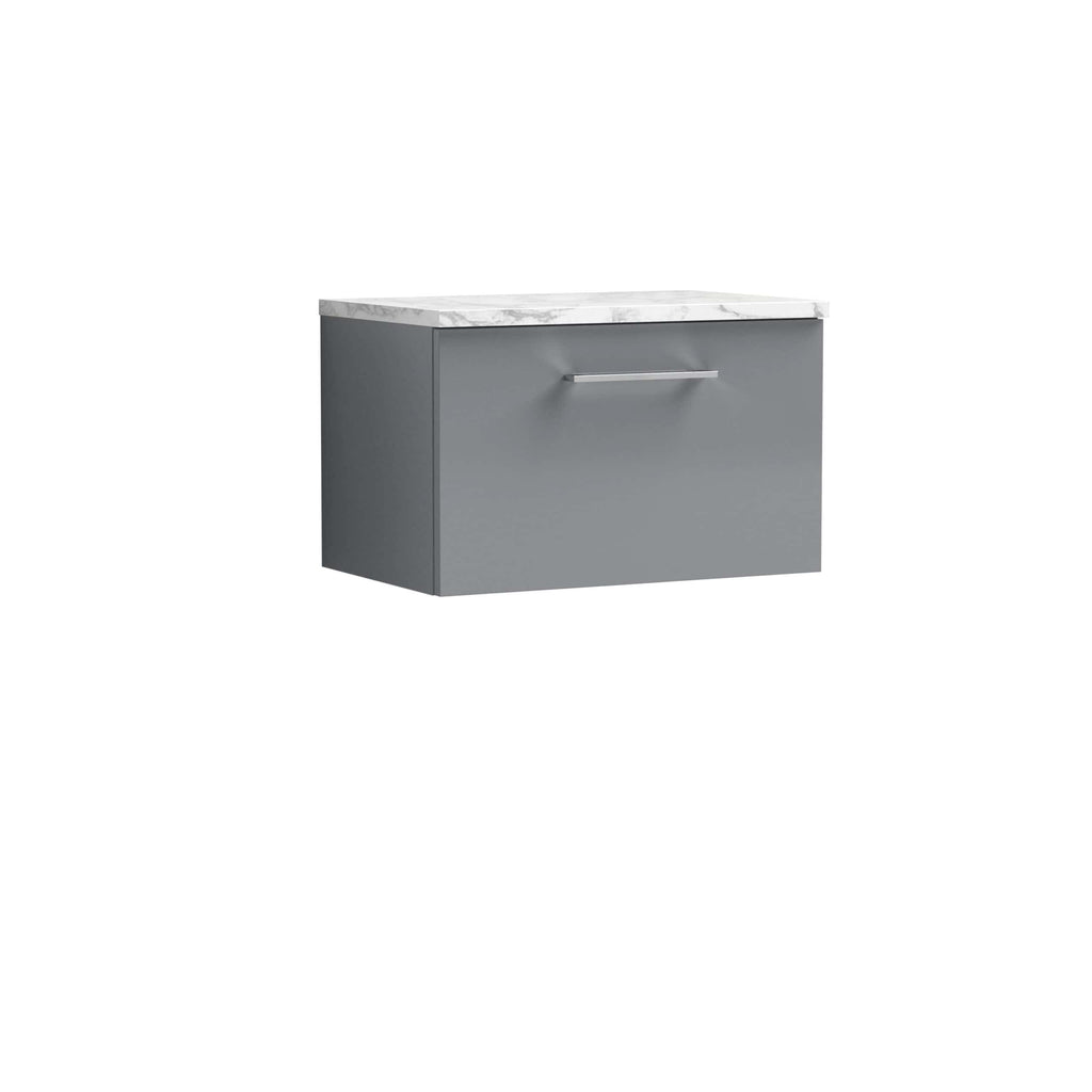 Streamlined grey bathroom vanity with a sleek handle and a premium marble countertop, perfect for modern bathroom decor and space-saving storage solutions.