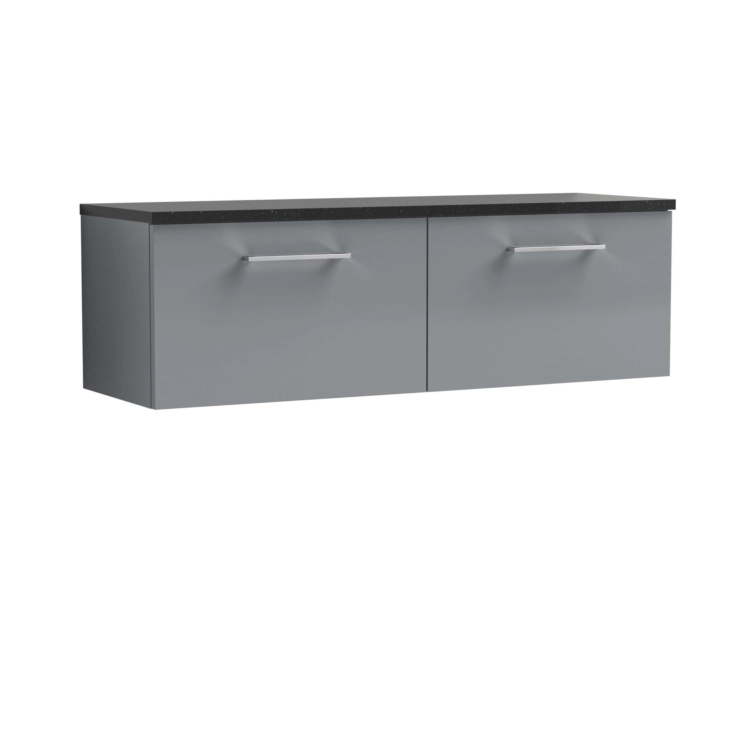 Sleek grey bathroom vanity unit with black countertop, modern handle design, ideal for contemporary bathroom renovations and storage solutions.