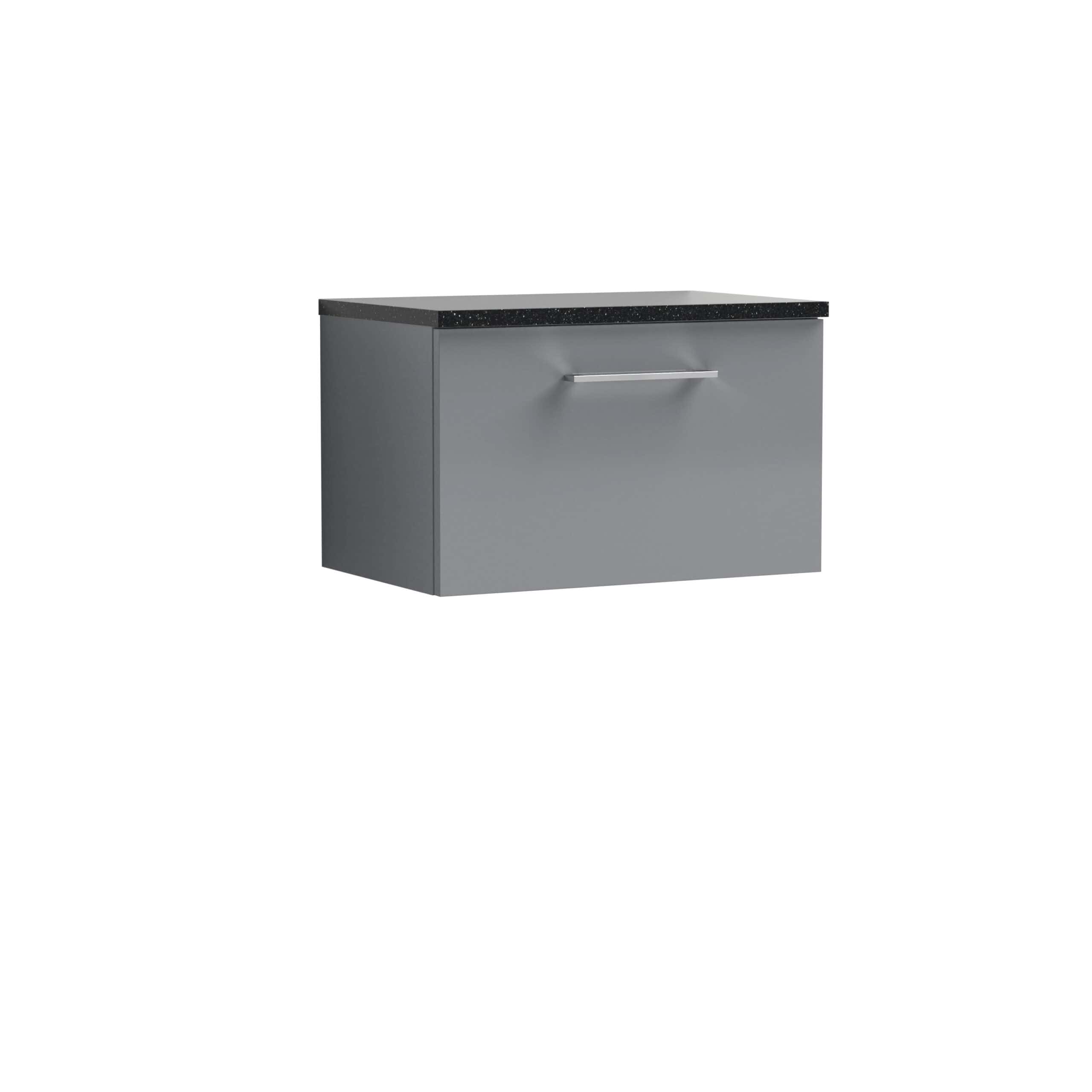Sleek grey bathroom vanity cabinet with black speckled countertop, modern handle design, ideal for contemporary bathroom storage solutions.