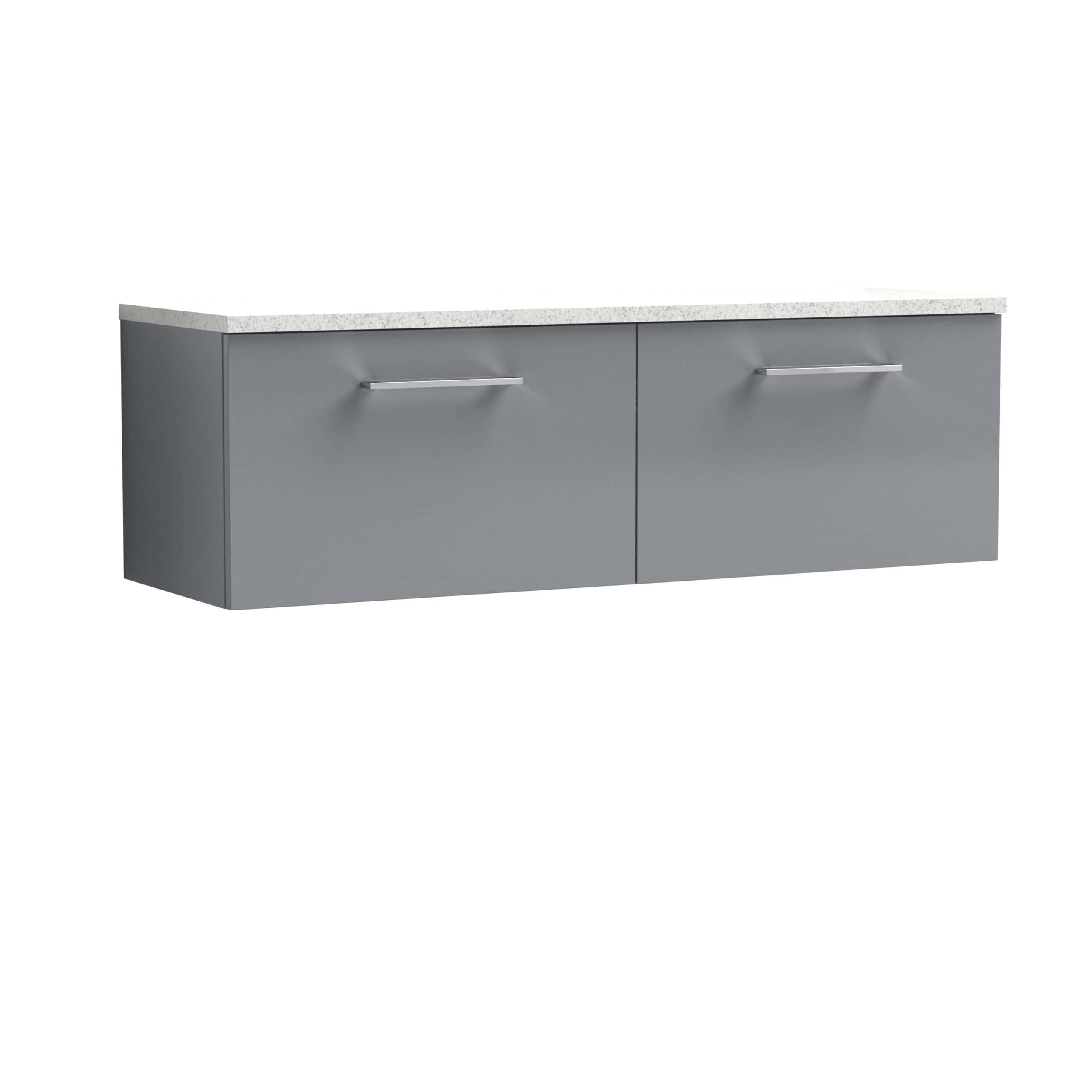 Sleek grey bathroom wall cabinet with modern silver handles and a durable white speckled countertop, perfect for contemporary bathroom storage solutions.