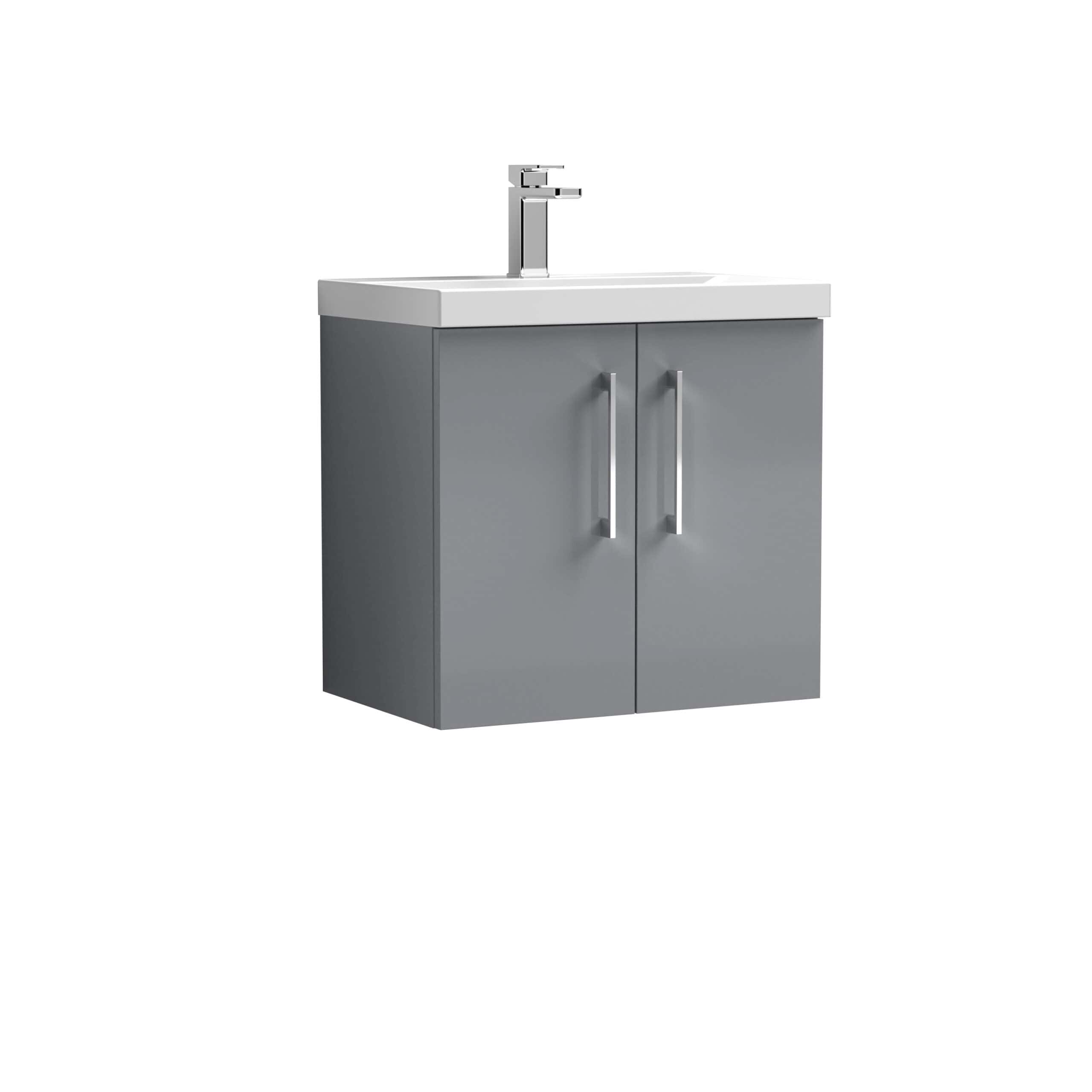 Modern grey bathroom vanity with white ceramic sink and chrome tap, ideal for contemporary bathroom spaces.