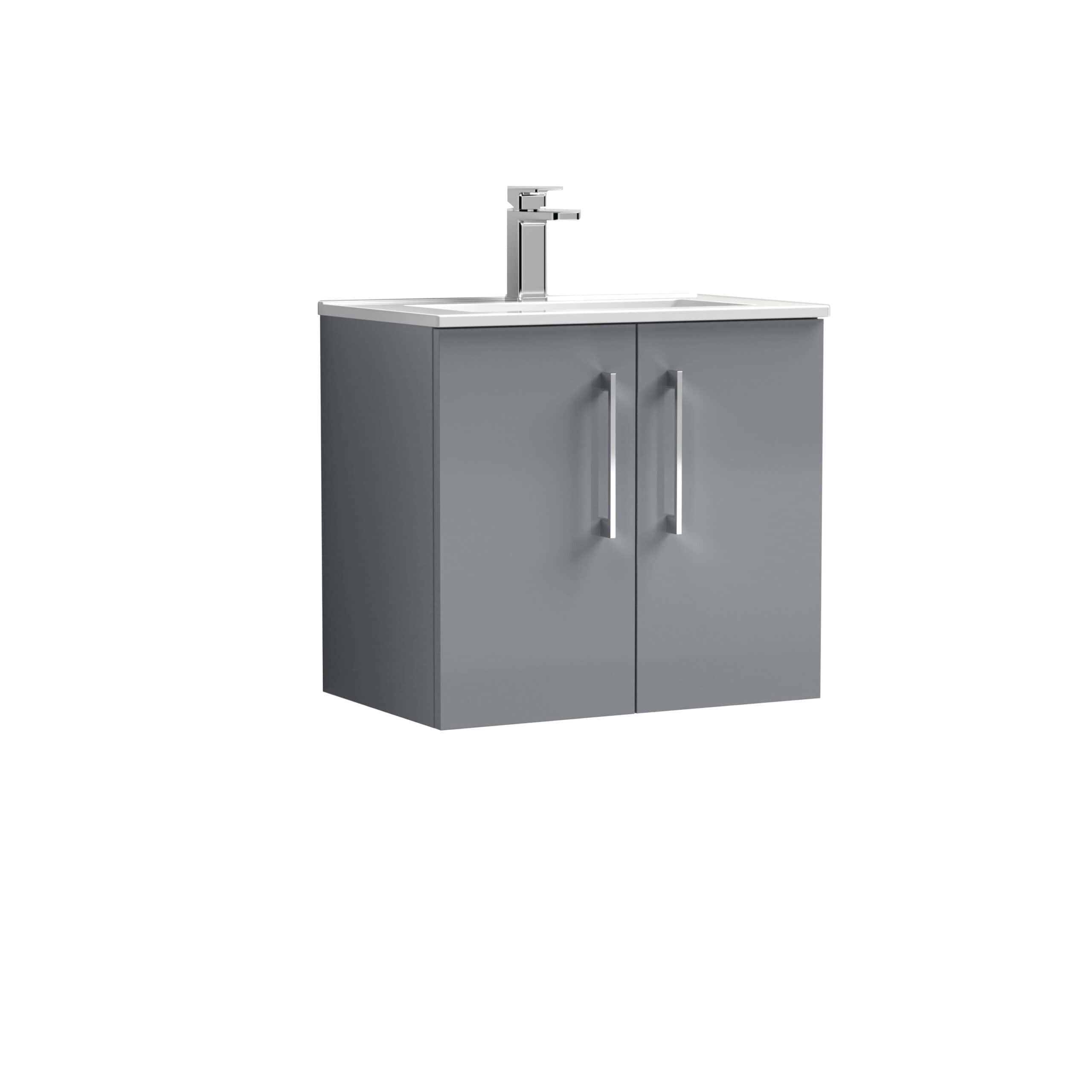 Modern grey bathroom vanity with sink and chrome faucet, ideal for contemporary bathrooms, offering stylish storage solutions.