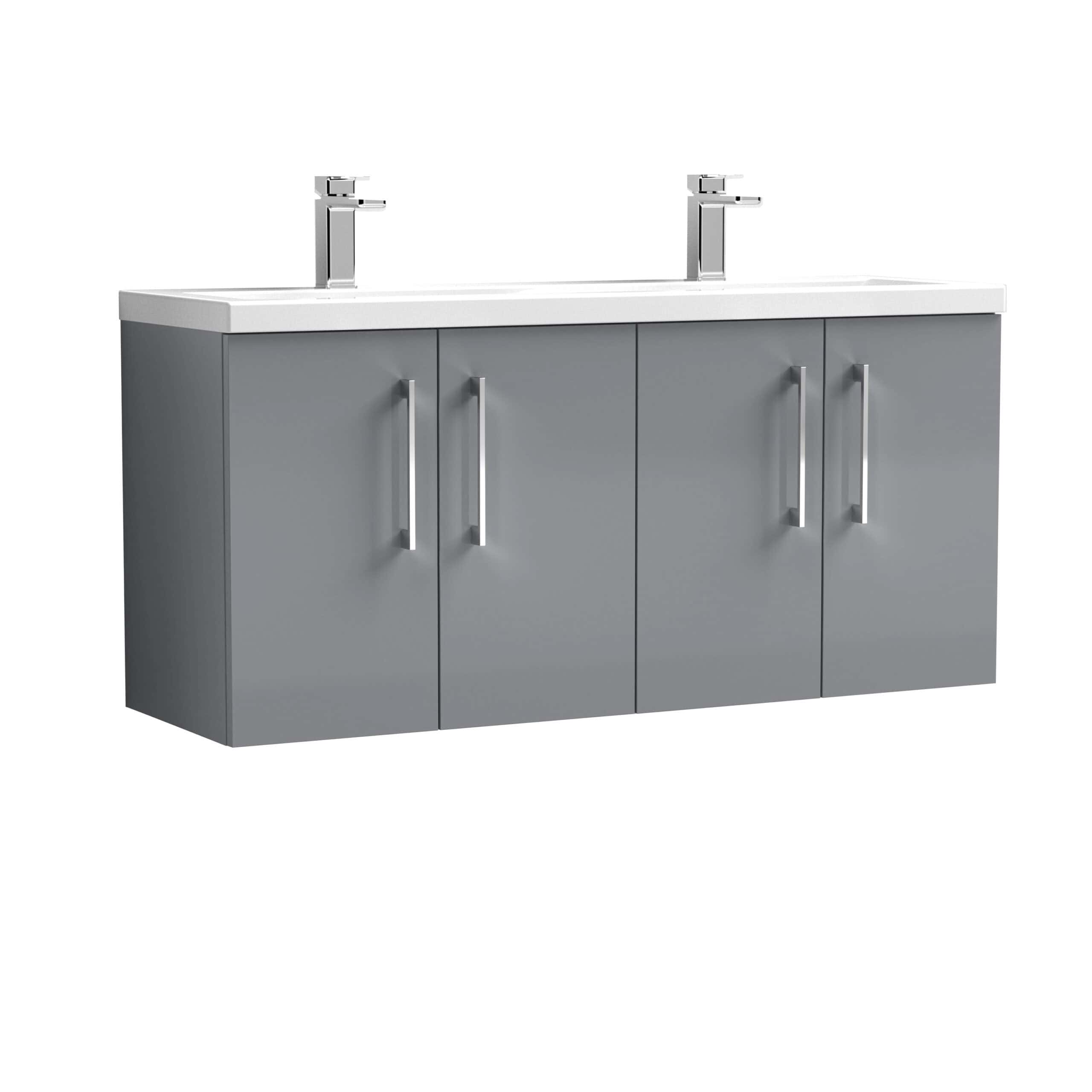 Modern grey bathroom vanity unit with dual sinks and chrome fixtures, perfect for contemporary bathroom designs, combining style and functionality.