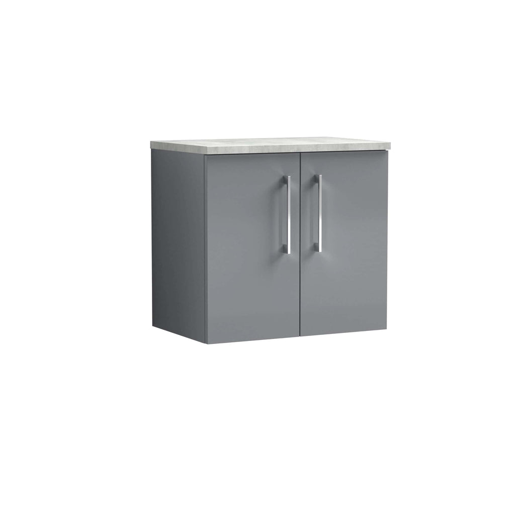 Grey bathroom storage cabinet with marble top and modern handles for bathroom organisation and storage solutions.