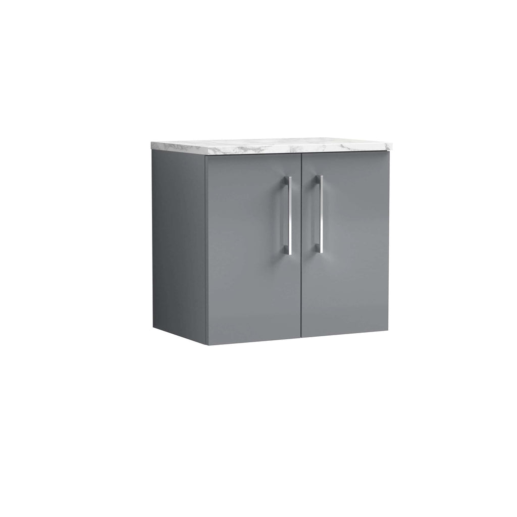 Modern grey bathroom vanity with marble top, double cabinet doors, and sleek handles, perfect for contemporary bathroom designs and storage solutions.