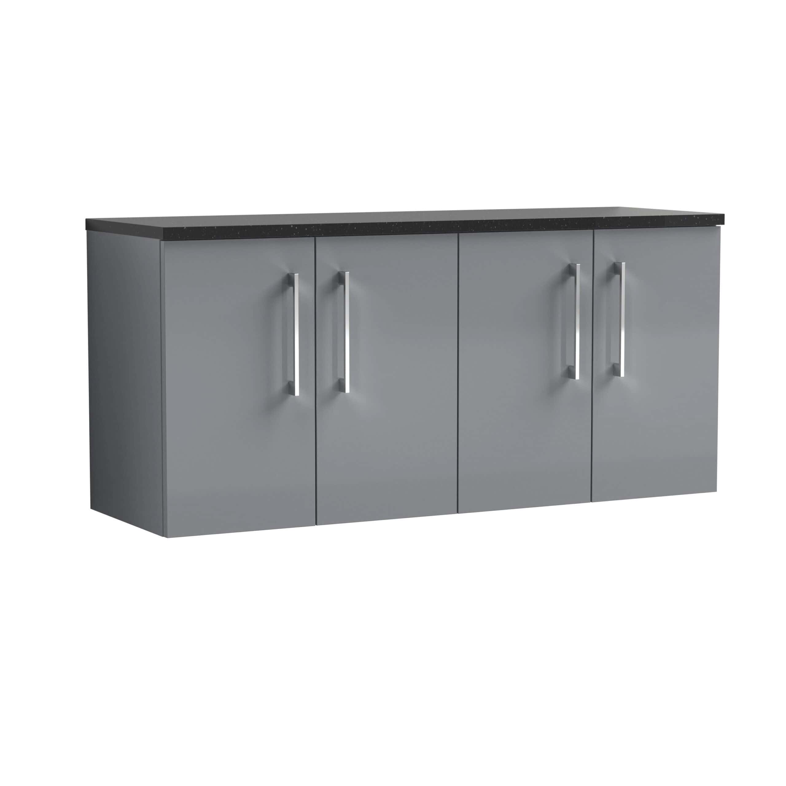 Modern grey bathroom vanity cabinet with black quartz countertop, stylish cabinet handles, ideal for contemporary bathroom renovation, durable storage solution for bathroom essentials.