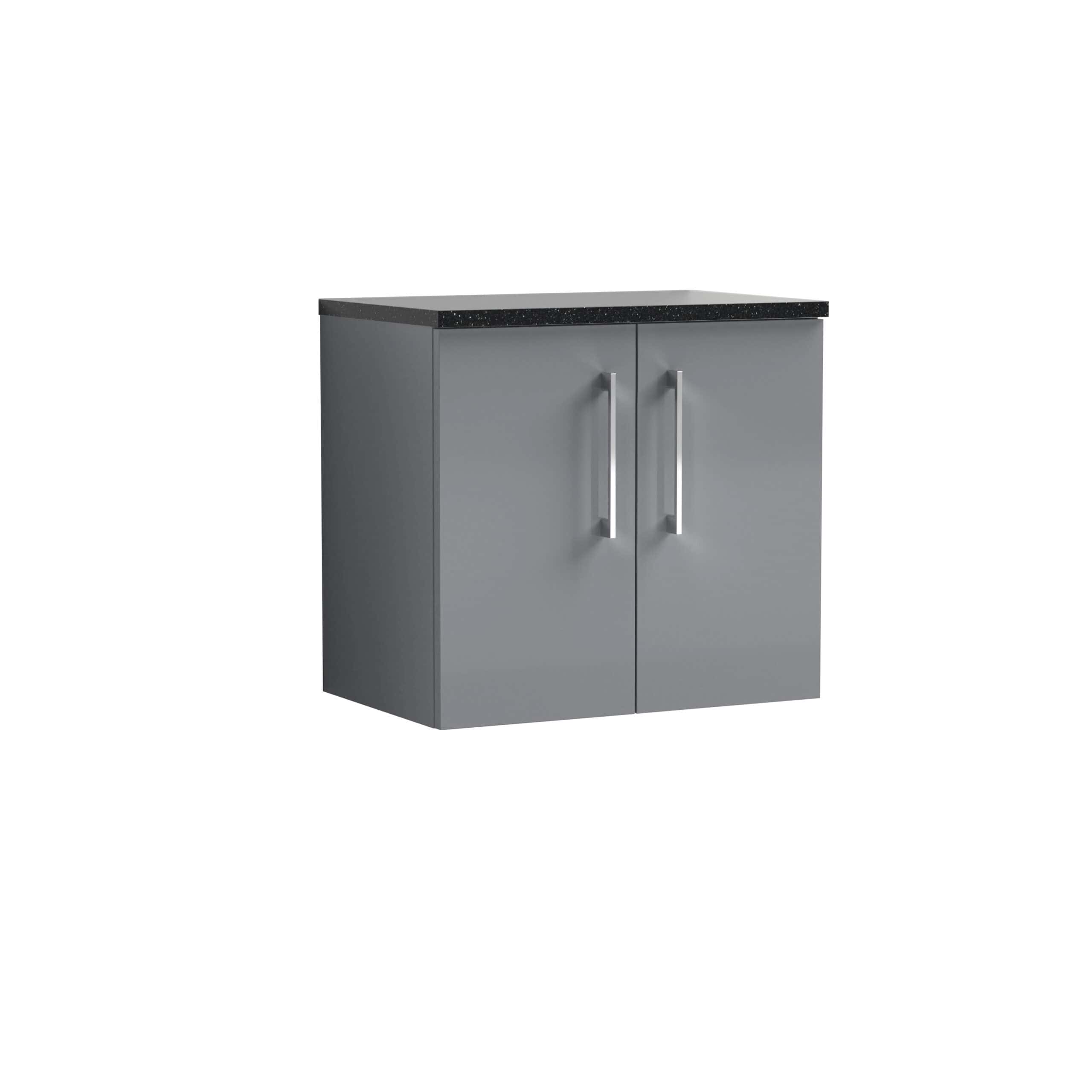 Sleek grey bathroom storage cabinet with modern aluminium handles and a black granite countertop, ideal for contemporary bathroom organisation and style.