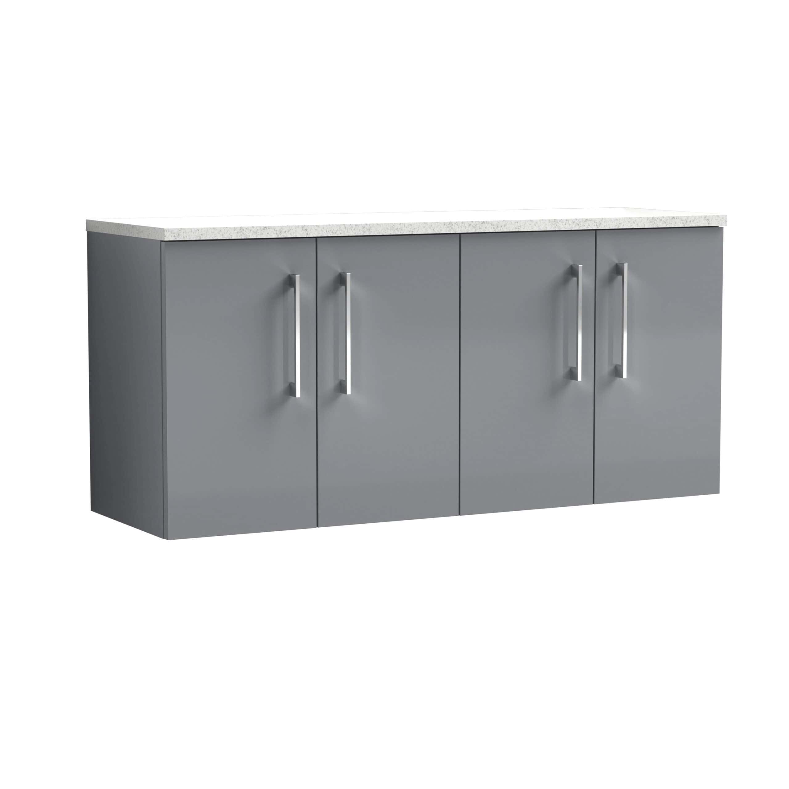 Modern grey bathroom storage cabinet with sleek silver handles and a white speckled countertop, ideal for contemporary bathroom organisation and space-saving solutions.