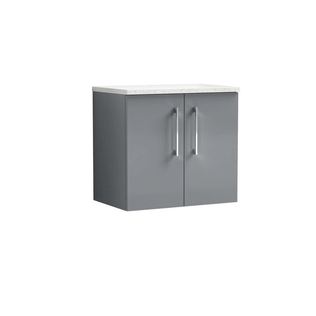 Modern grey bathroom cabinet with sleek handles and a white countertop, ideal for contemporary bathroom storage solutions.