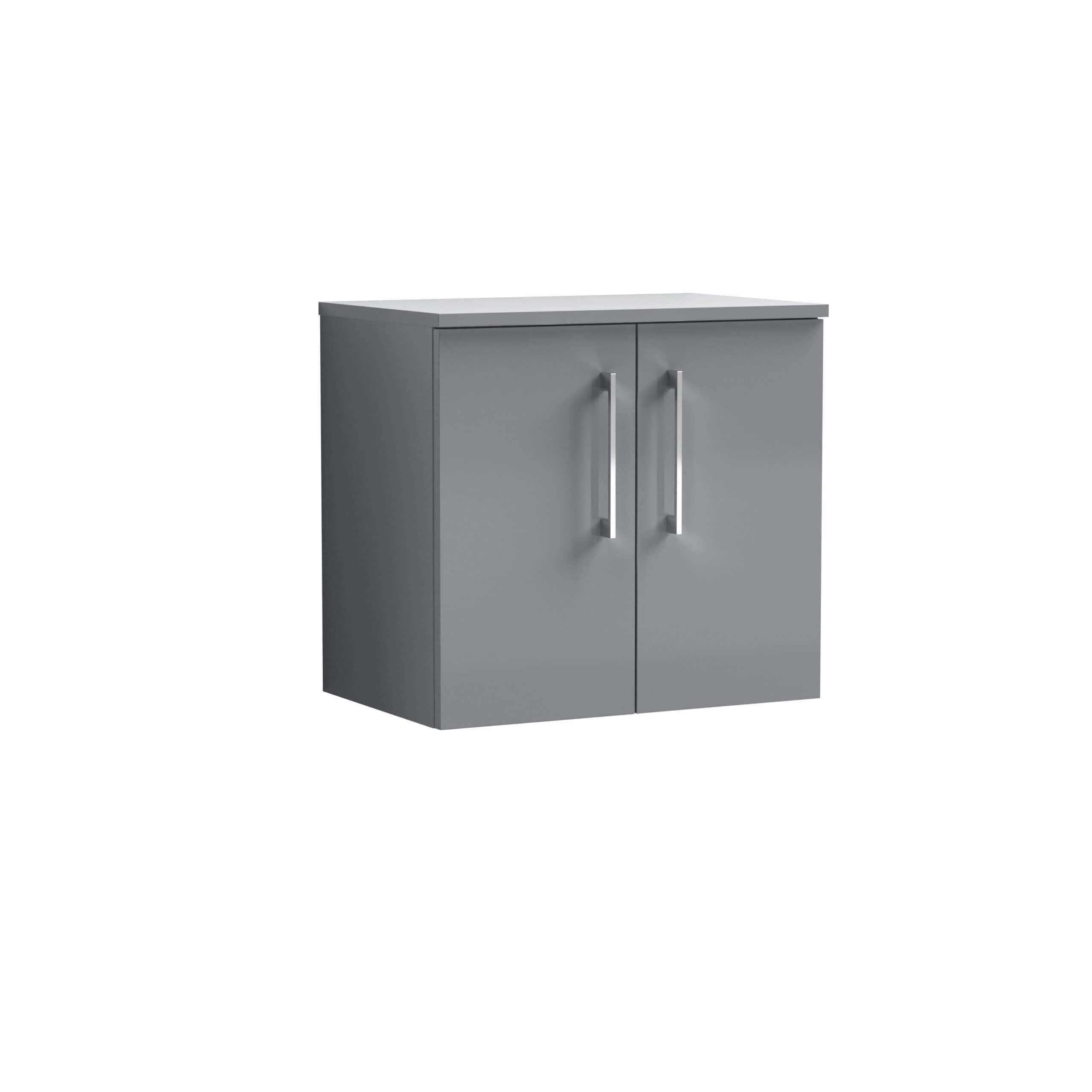 Modern grey bathroom storage cabinet with double doors and sleek metal handles, ideal for contemporary bathroom organisation.