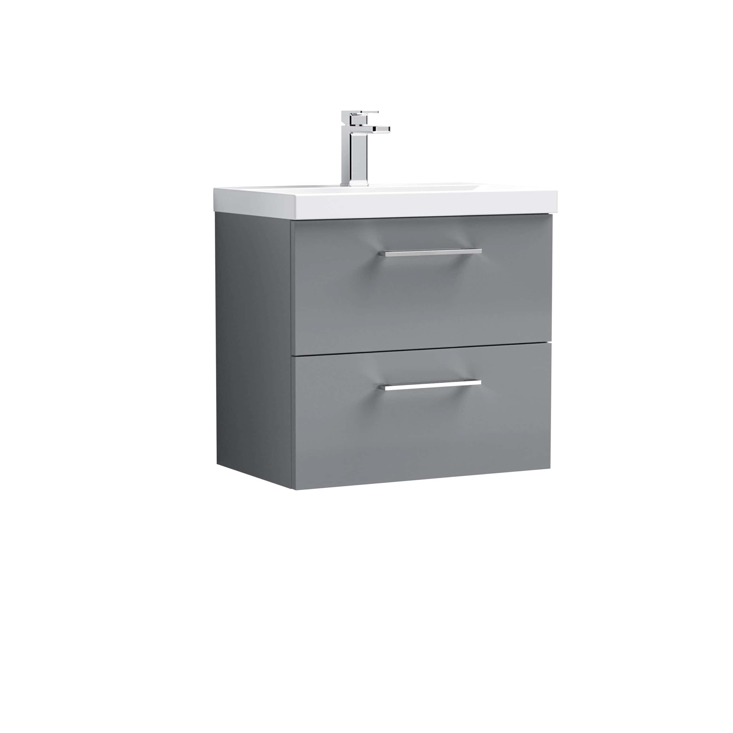 Contemporary grey bathroom vanity with integrated sink and modern chrome handles, perfect for stylish bathroom upgrades.