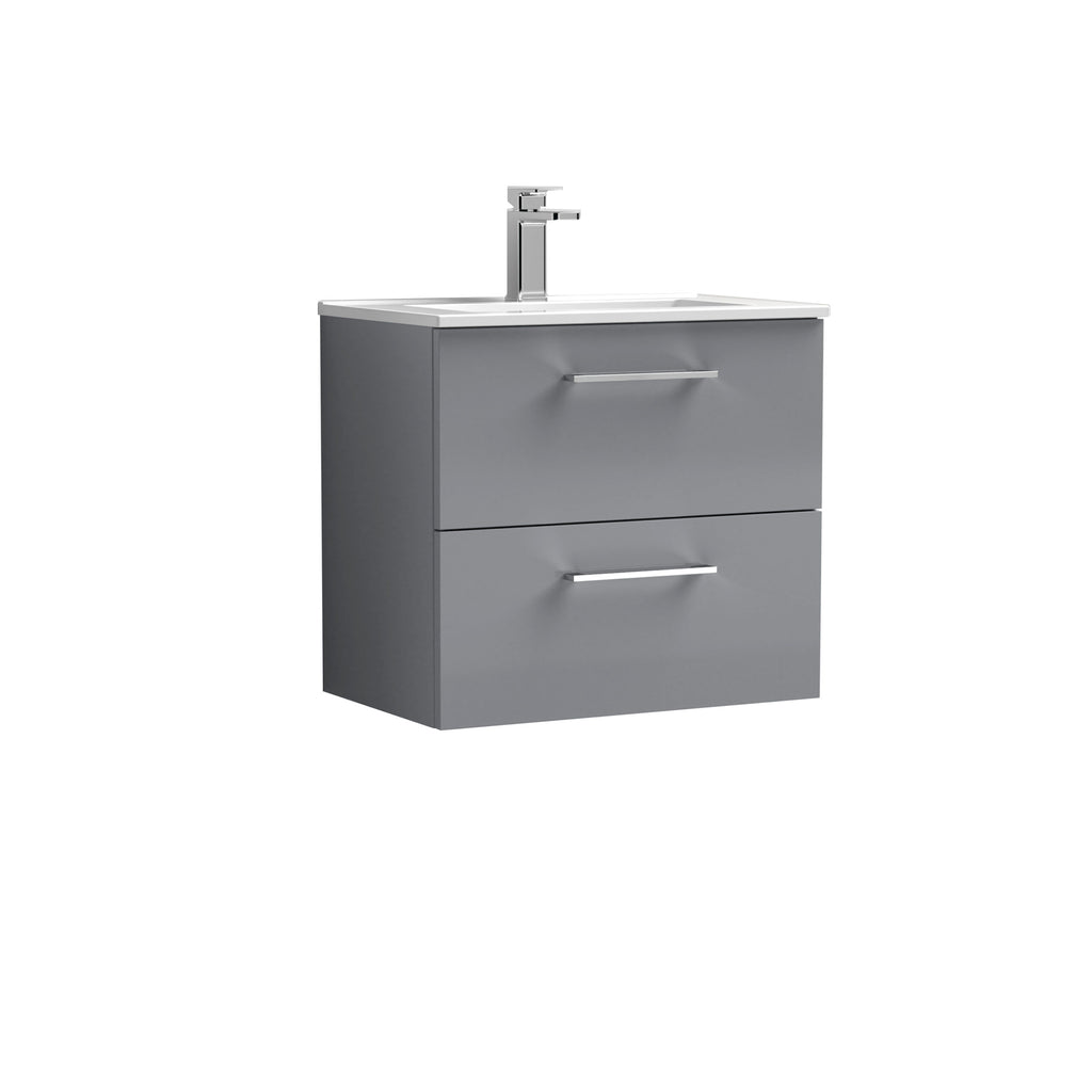 Sleek grey bathroom vanity unit with integrated sink and modern chrome handles, ideal for contemporary bathroom designs. Perfect for stylish bathroom storage and organisation.