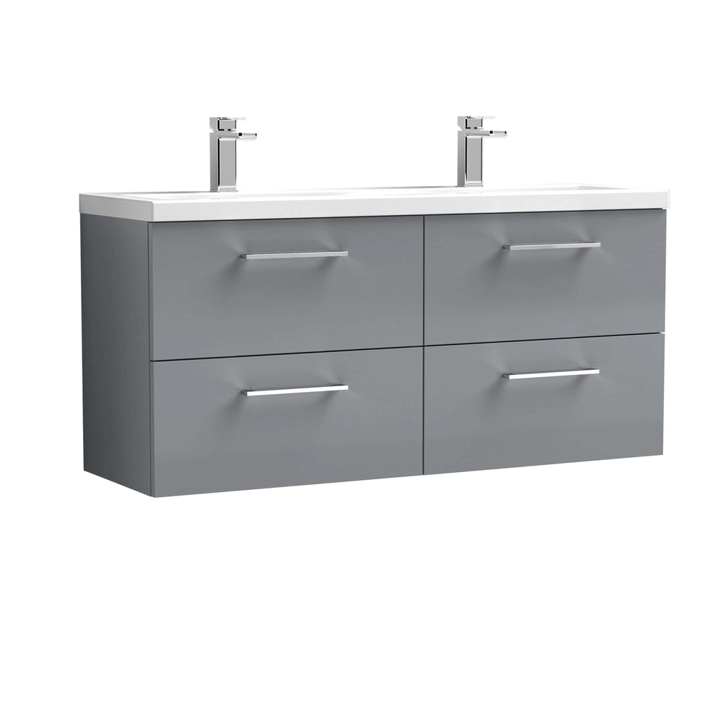 Contemporary grey double bathroom vanity unit with four drawers and two modern chrome handles, fitted with two sleek chrome taps and white countertop, ideal for stylish bathroom storage.