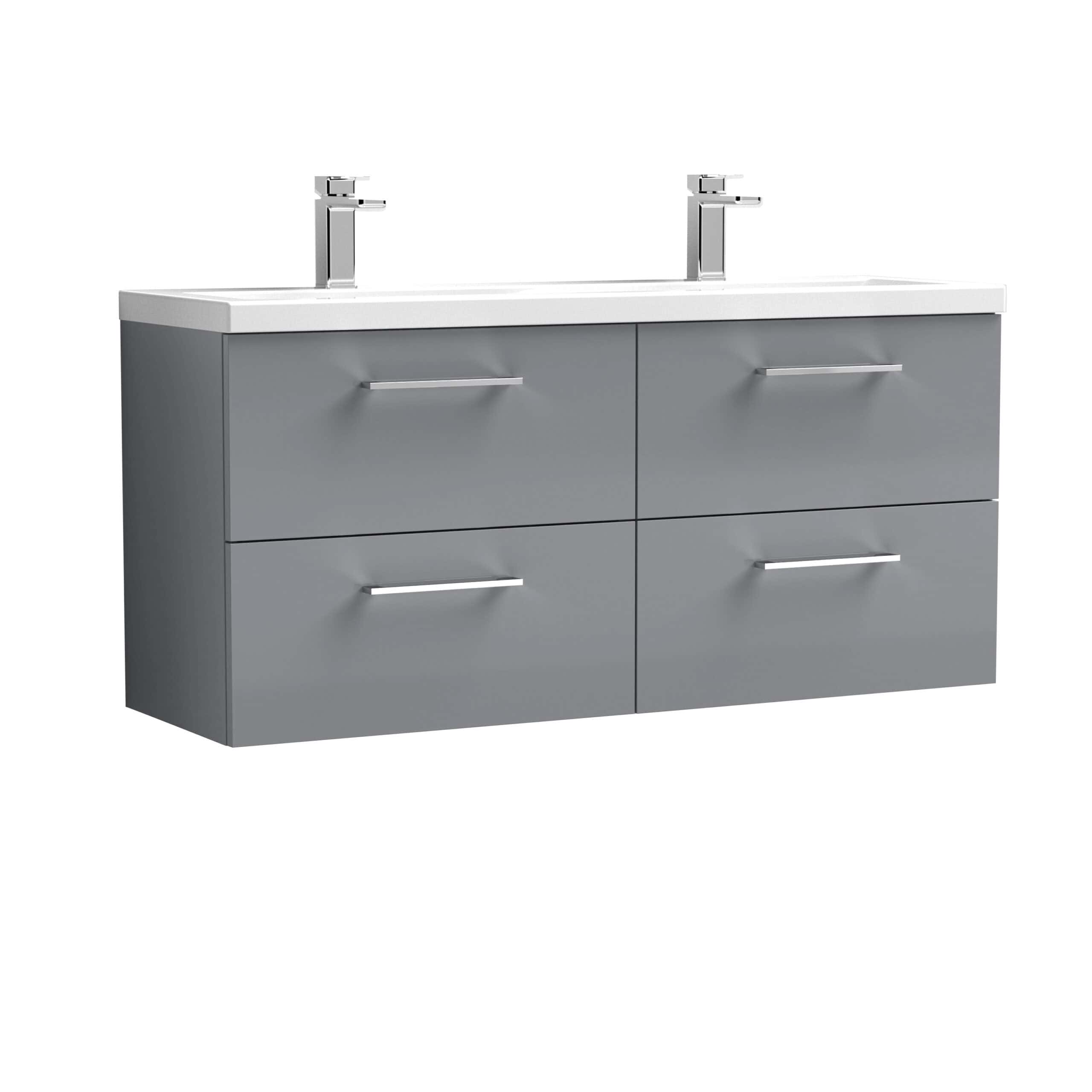 Contemporary grey double bathroom vanity unit with four drawers and two modern chrome handles, fitted with two sleek chrome taps and white countertop, ideal for stylish bathroom storage.