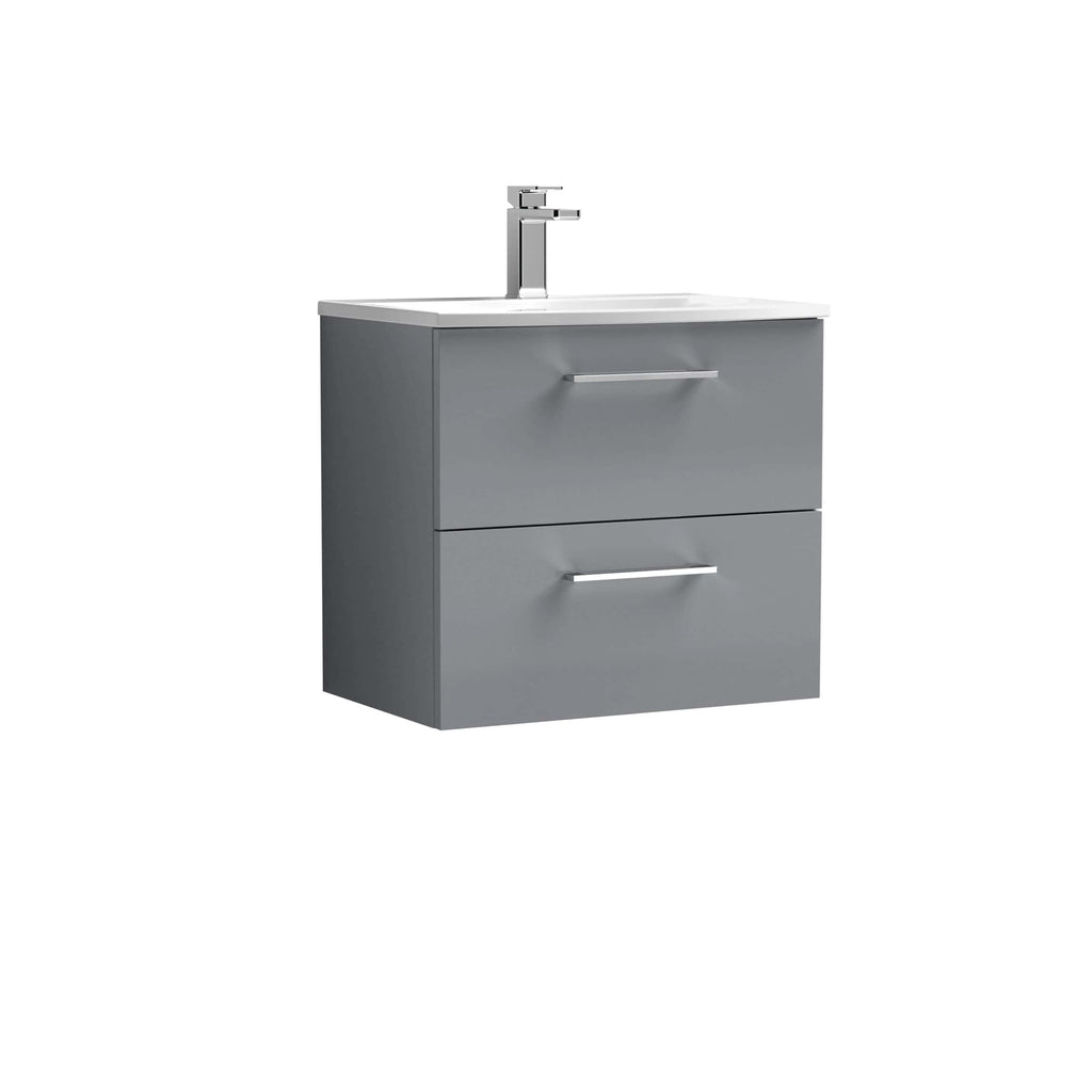 Sleek grey bathroom vanity with integrated sink and modern chrome handles, ideal for contemporary bathroom designs. Durable and stylish storage solution for bathrooms.