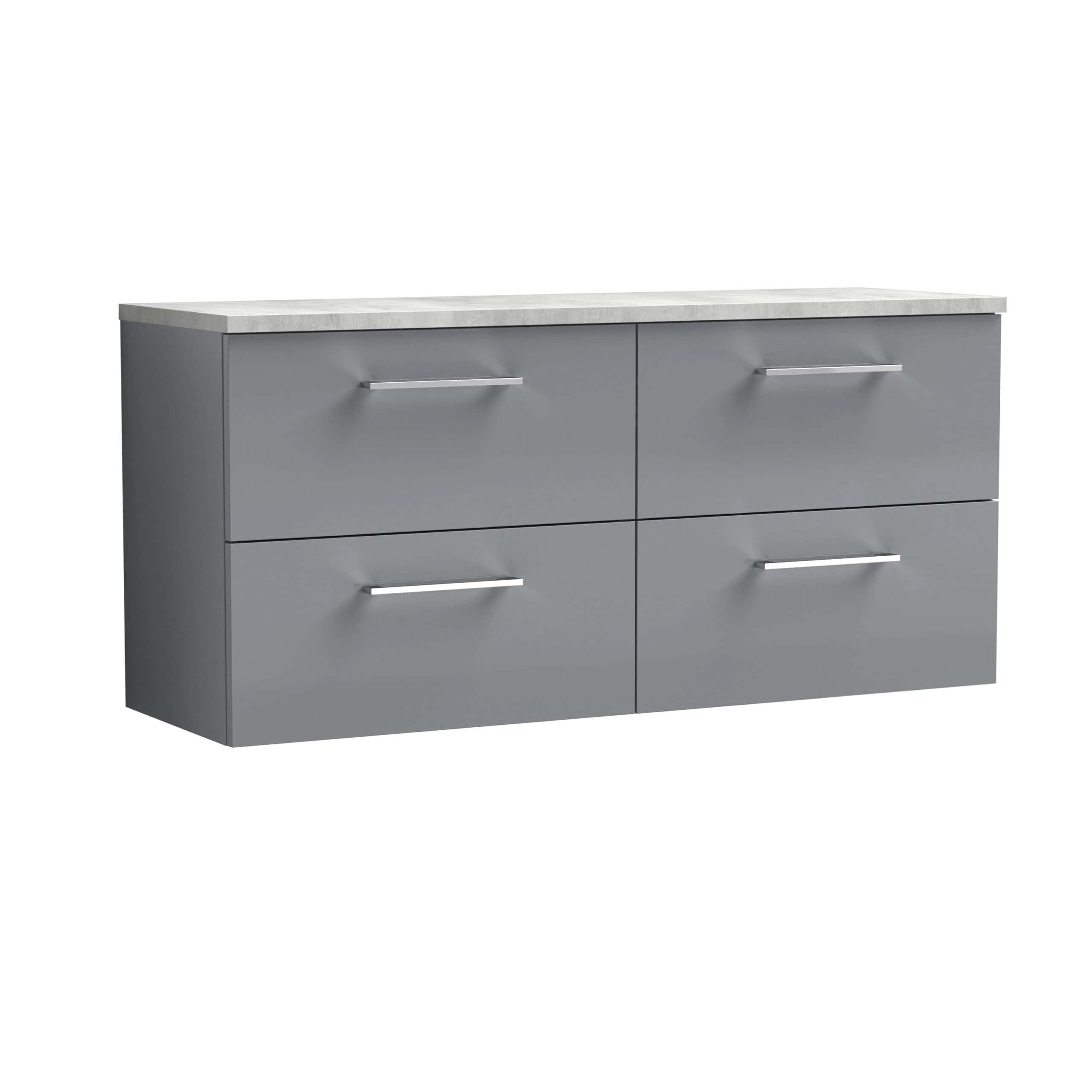 Modern grey bathroom vanity with four drawers and sleek silver handles, topped with a durable white marble countertop, perfect for contemporary bathroom designs.
