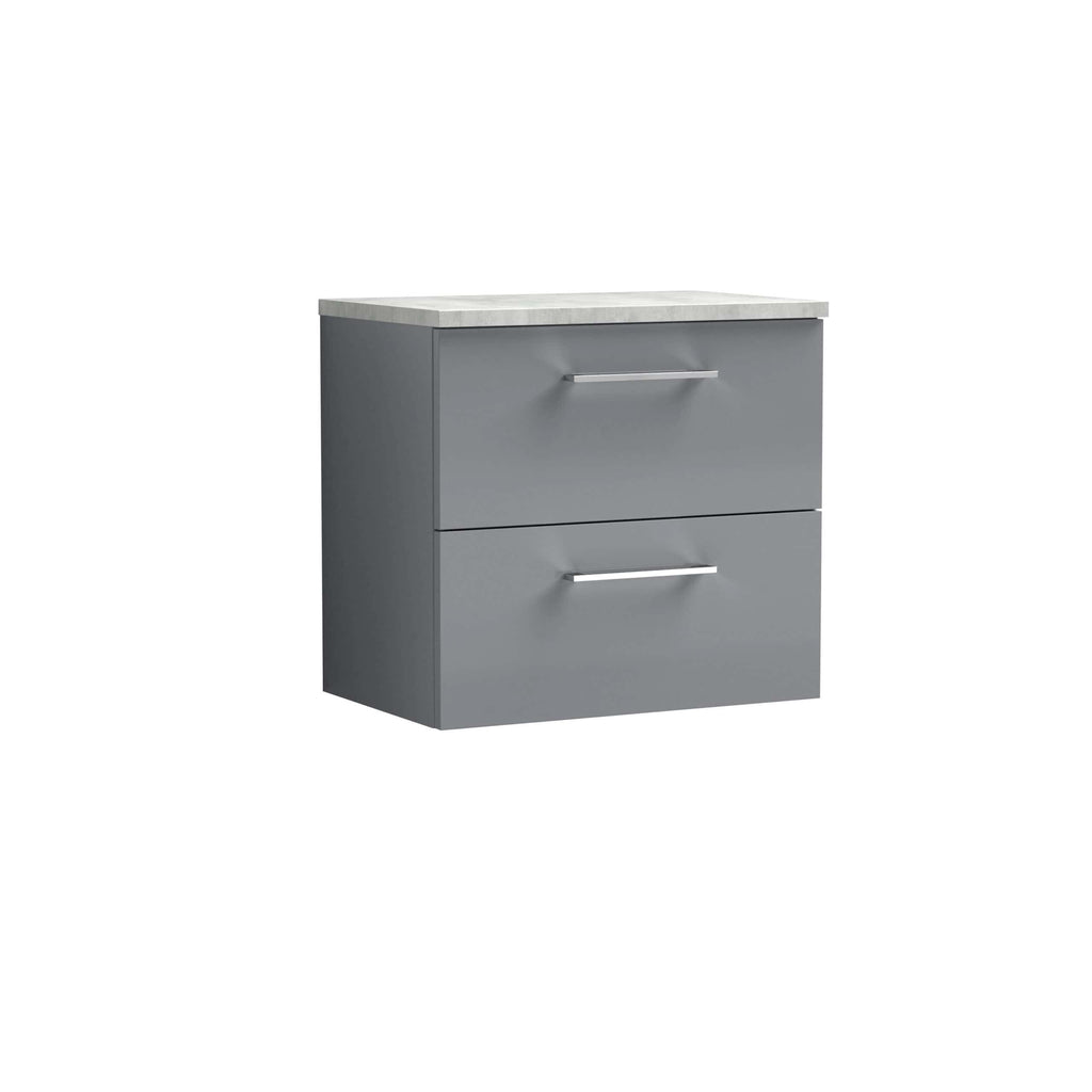 Modern grey bathroom vanity with two drawers and a marble top, perfect for contemporary bathroom storage and style.