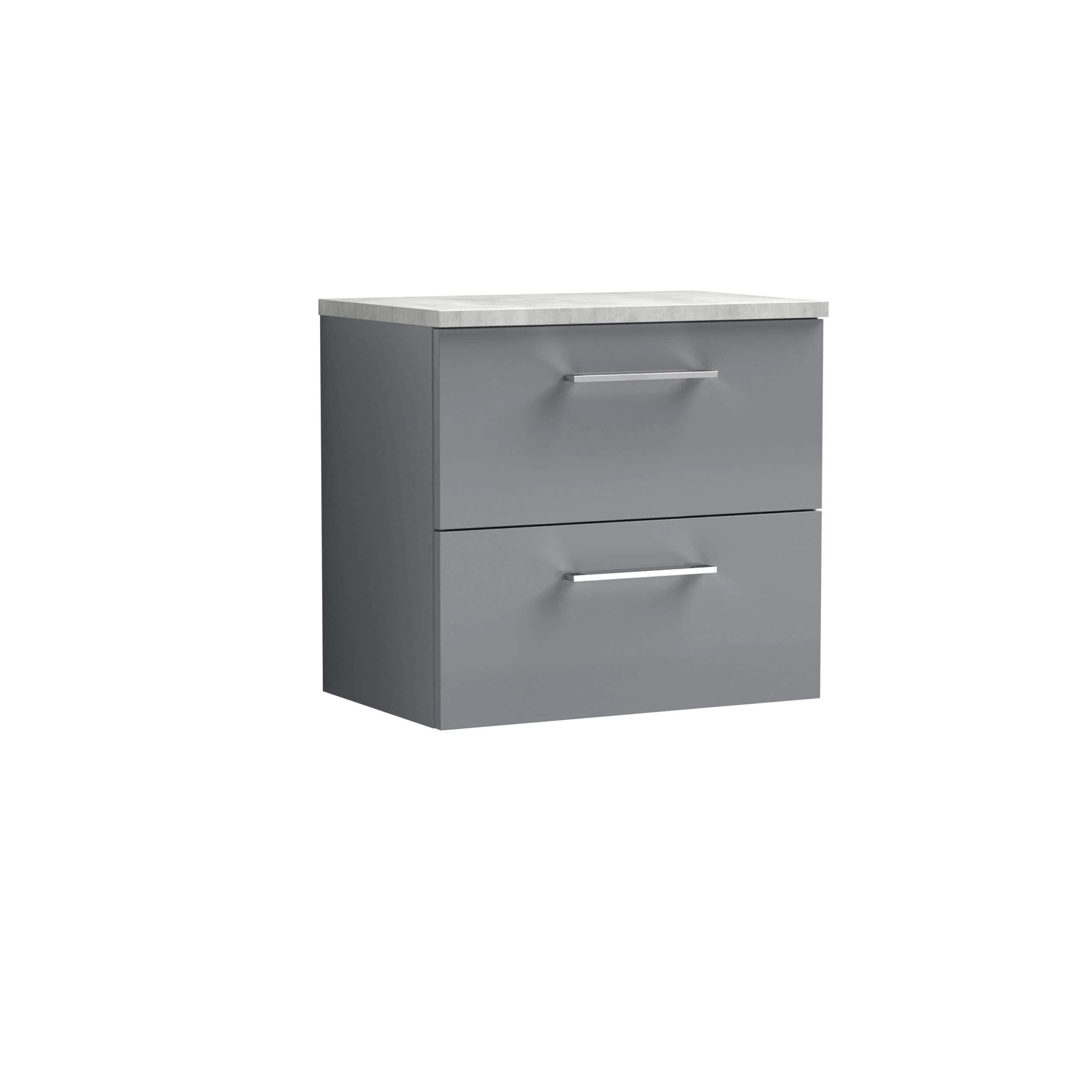 Modern grey bathroom vanity with two drawers and a marble top, perfect for contemporary bathroom storage and style.