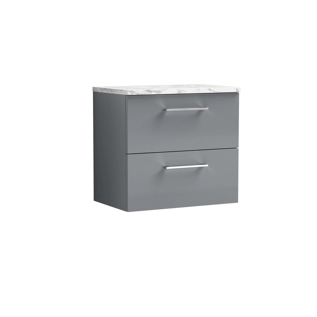 Modern grey bathroom vanity with marble countertop, two spacious drawers with sleek metallic handles, ideal for stylish bathroom storage solutions.
