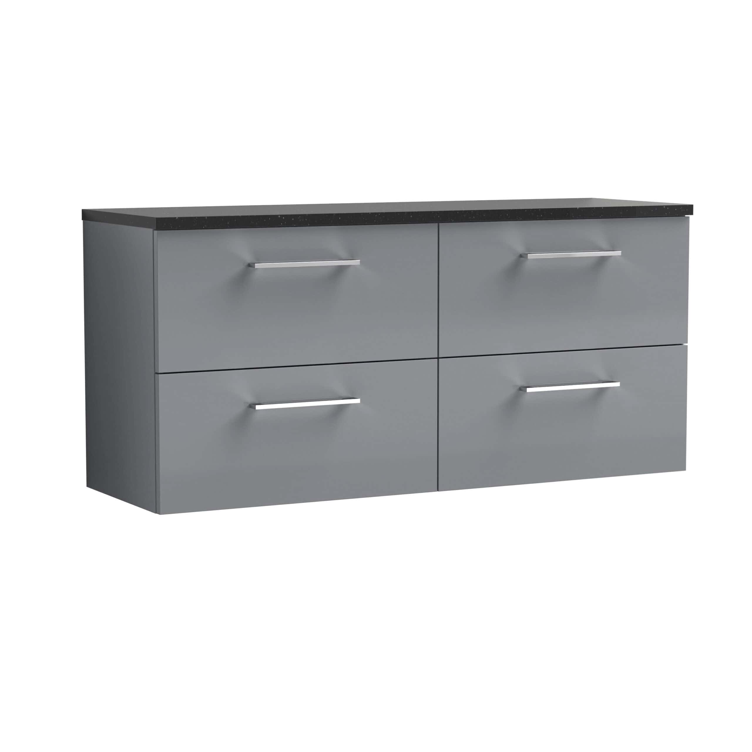 Contemporary grey bathroom vanity unit with four drawers and sleek silver handles, set against a plain white background, ideal for modern bathroom storage and organisation.