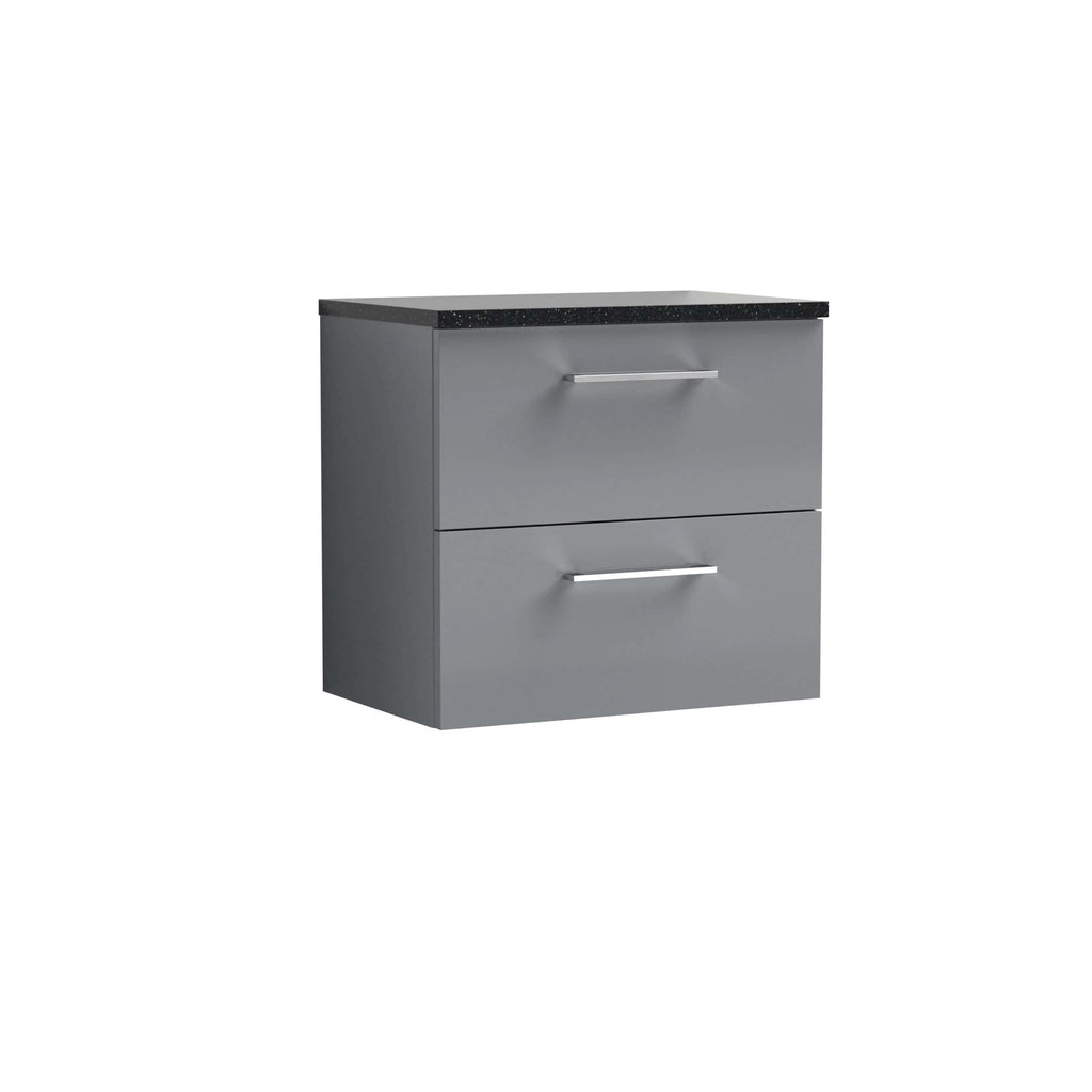 Chrome grey bathroom vanity unit with black granite top, modern two-drawer design, sleek metal handles, ideal for contemporary bathroom storage solutions.