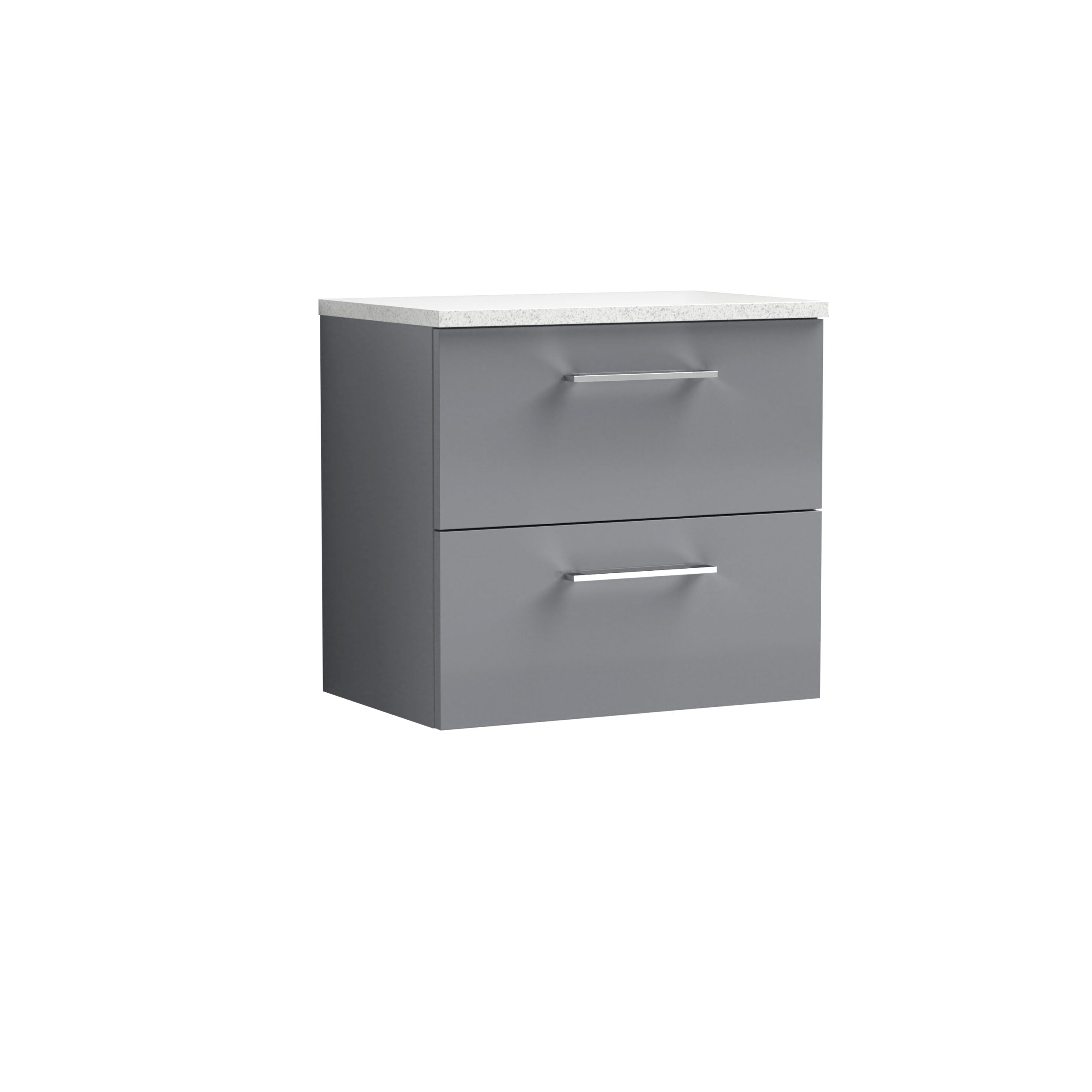 Sleek grey bathroom vanity unit with two spacious drawers and a white stone countertop, perfect for modern bathroom storage solutions, combining style and functionality.