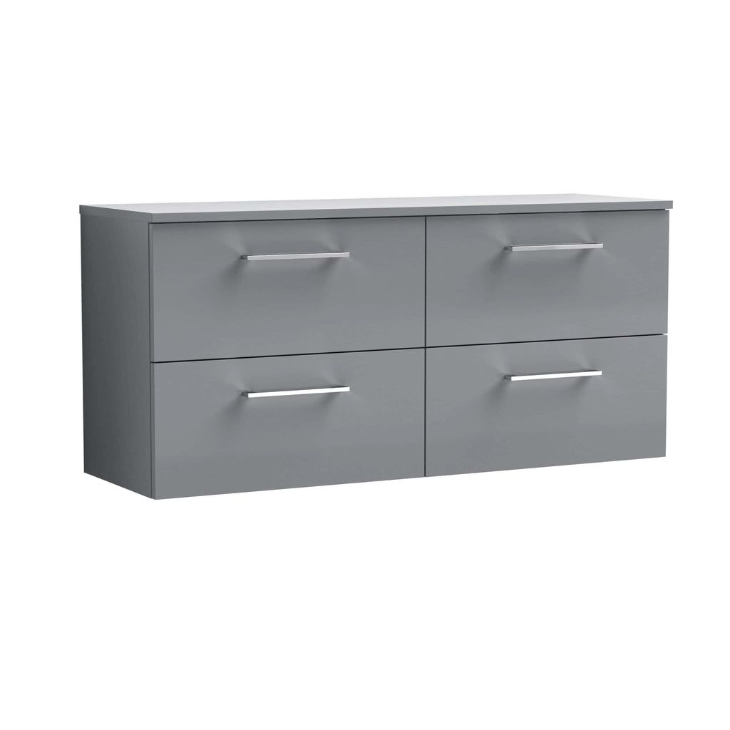 Modern grey bathroom vanity unit with four spacious drawers and sleek silver handles, designed for stylish storage in contemporary bathrooms.