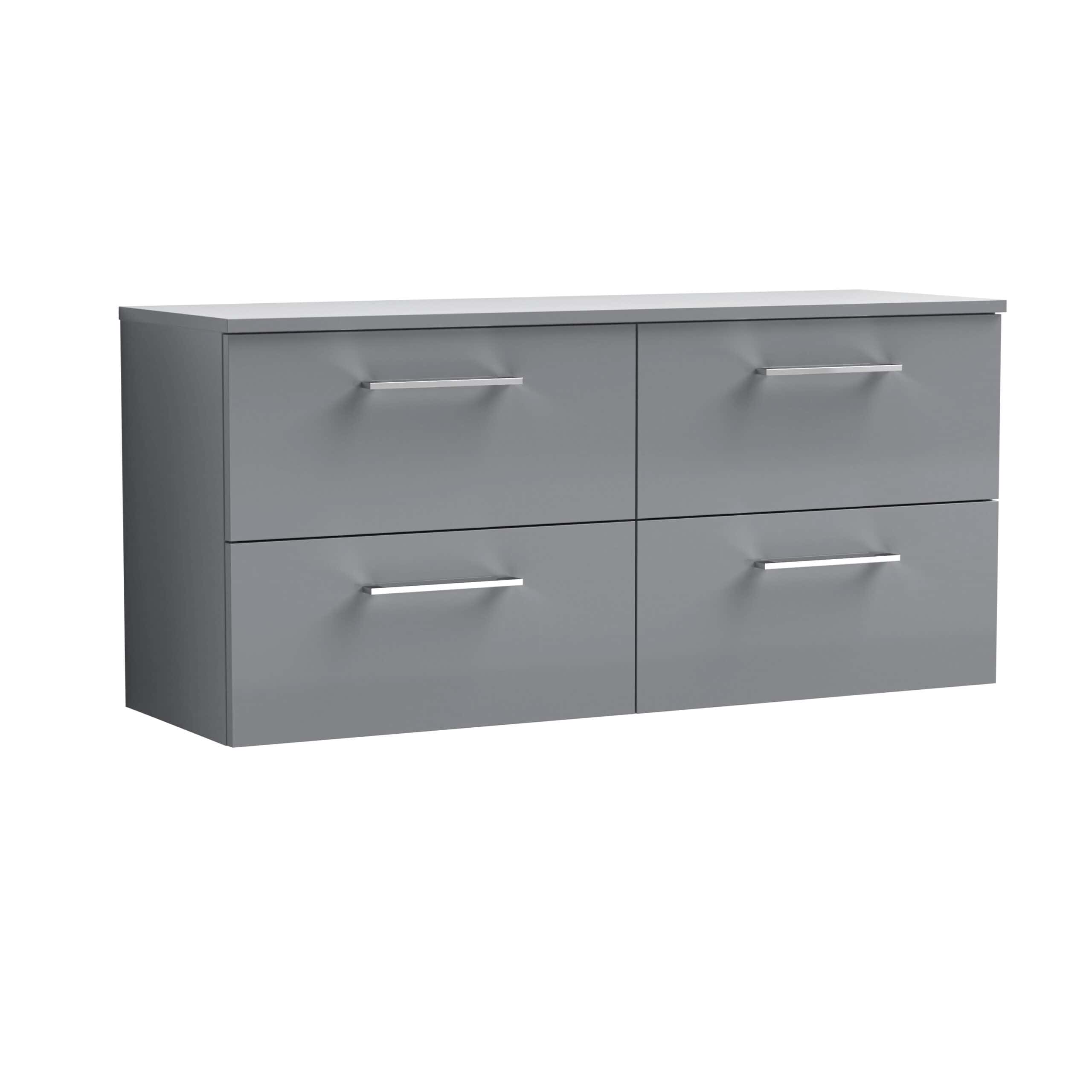 Modern grey bathroom vanity unit with four spacious drawers and sleek silver handles, designed for stylish storage in contemporary bathrooms.