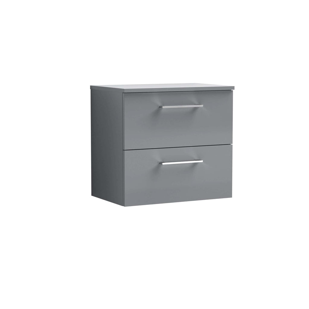 Sleek grey bathroom storage cabinet with two drawers and modern chrome handles, ideal for organising bathroom essentials.