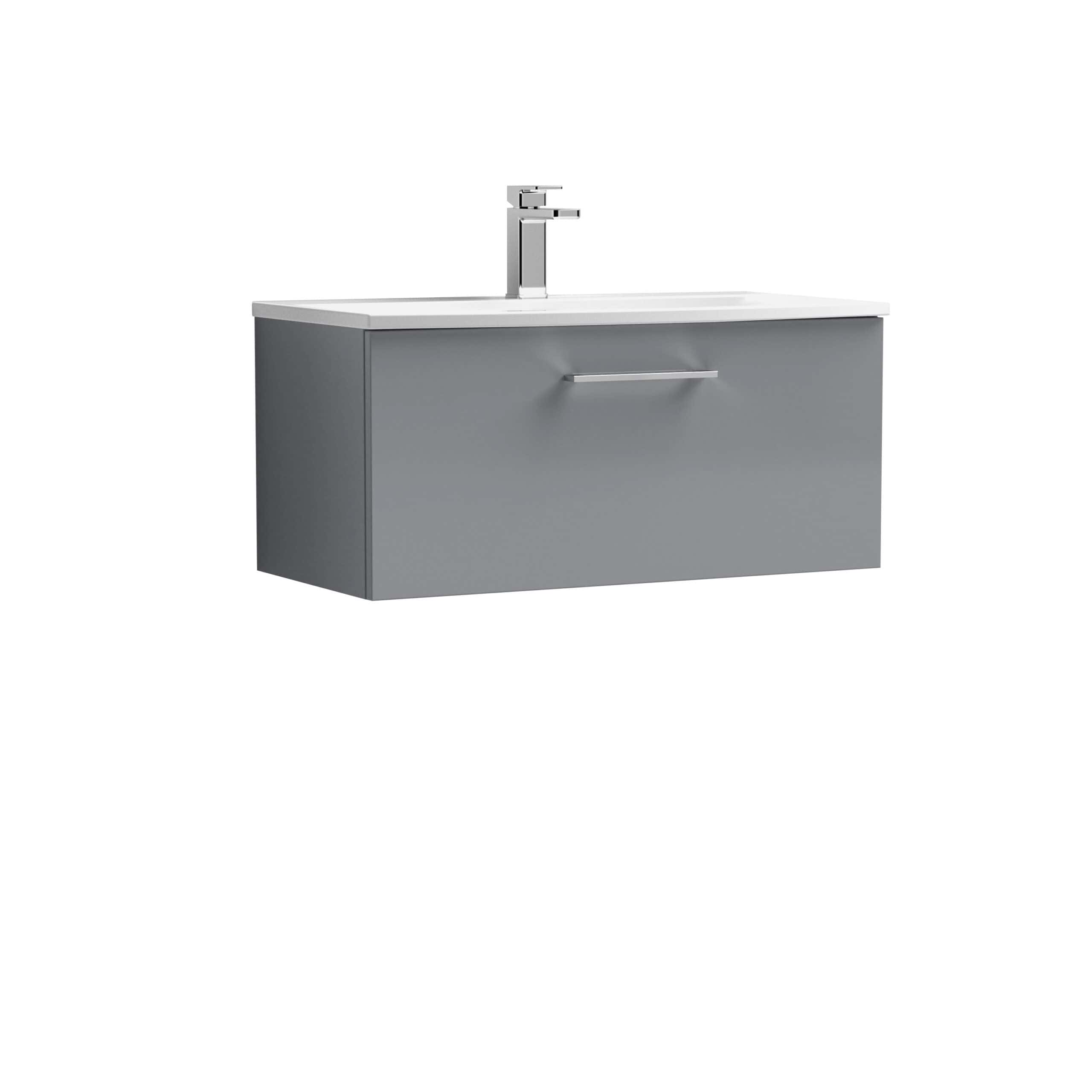 Contemporary grey bathroom vanity with integrated sink and sleek chrome faucet, ideal for modern bathroom designs and space-efficient storage solutions.