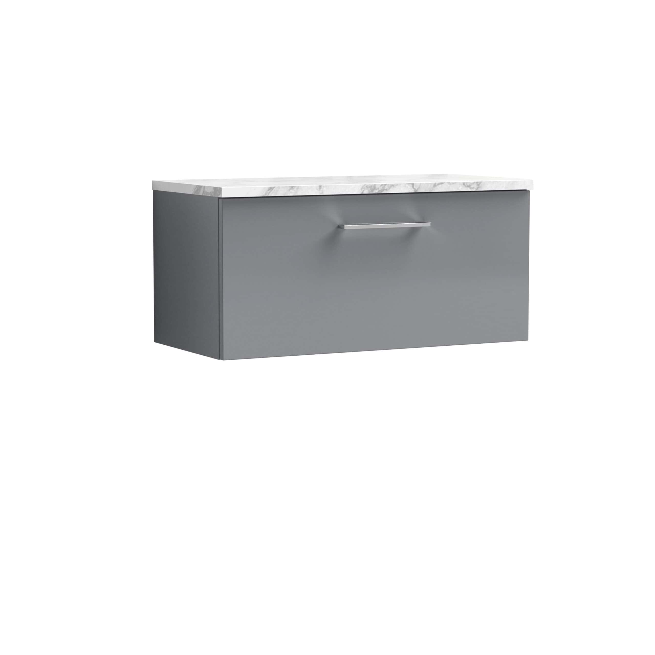 Sleek grey bathroom vanity unit with a white marble top, modern handle, and ample storage space, perfect for contemporary bathroom design.
