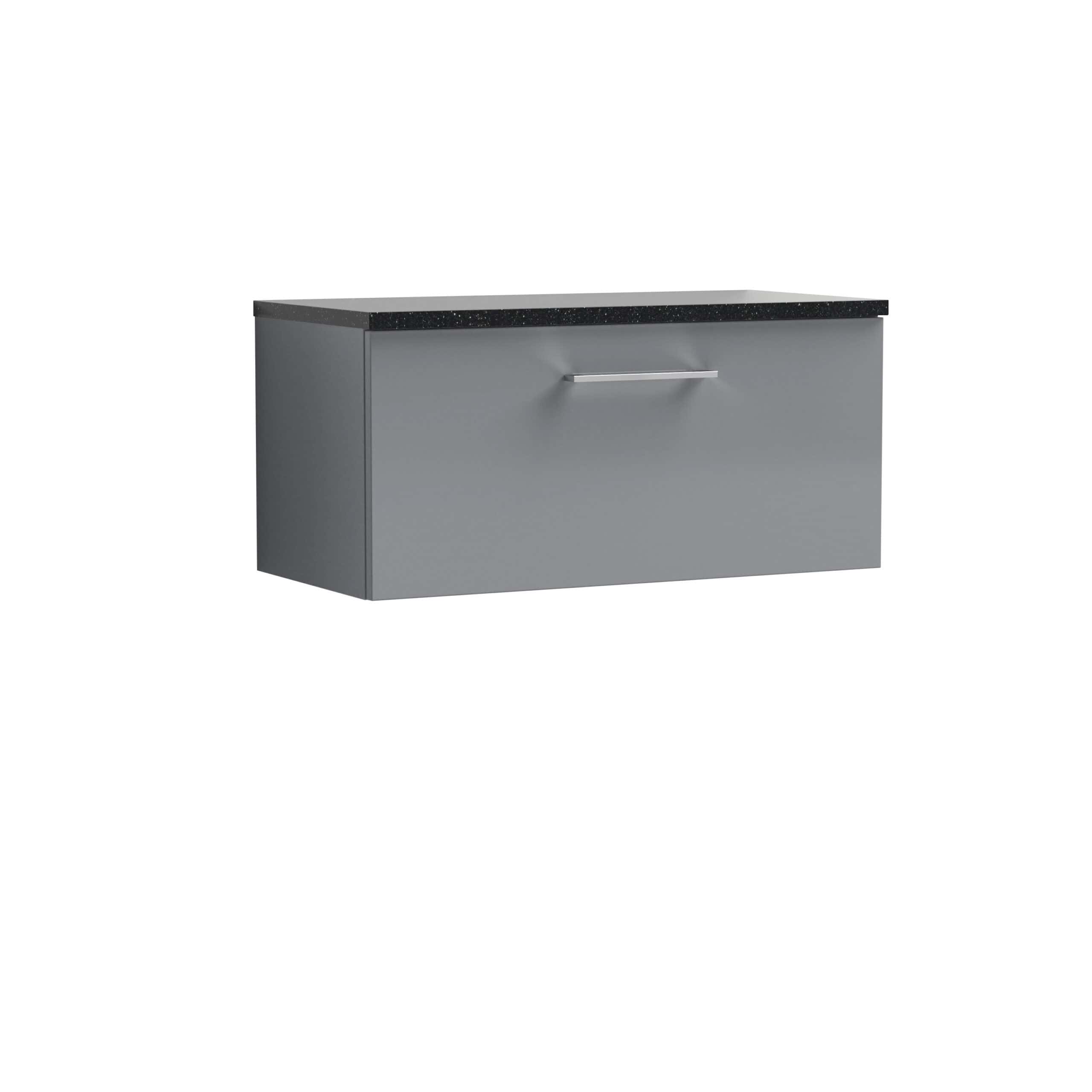 Slim grey bathroom wall cabinet with a black granite top, modern handle, and ample storage space, perfect for contemporary bathroom organisation and storage solutions.