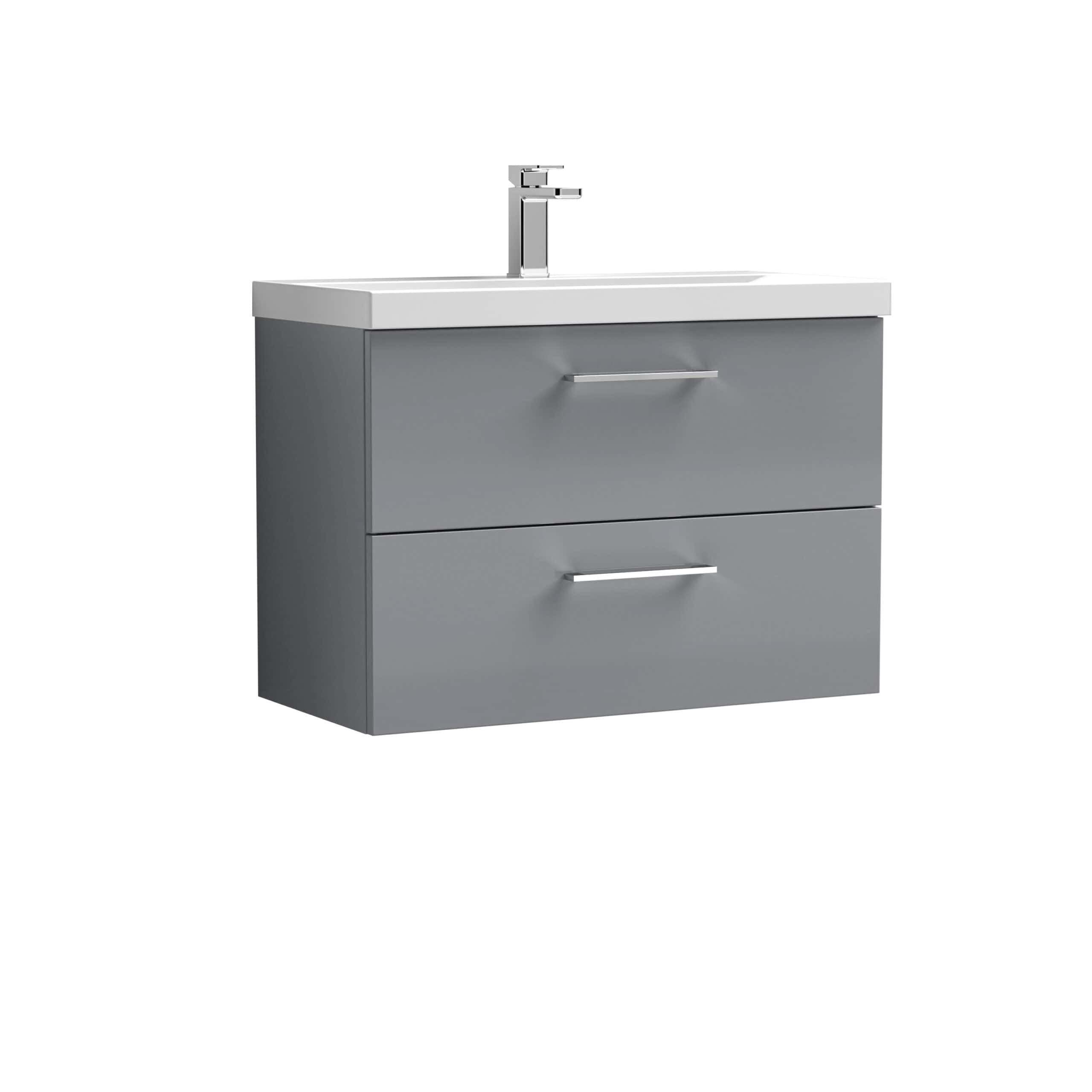 Sleek grey bathroom vanity unit with integrated sink and modern chrome handles, ideal for contemporary bathrooms. Perfect storage solution for bathroom essentials, combining style and functionality.