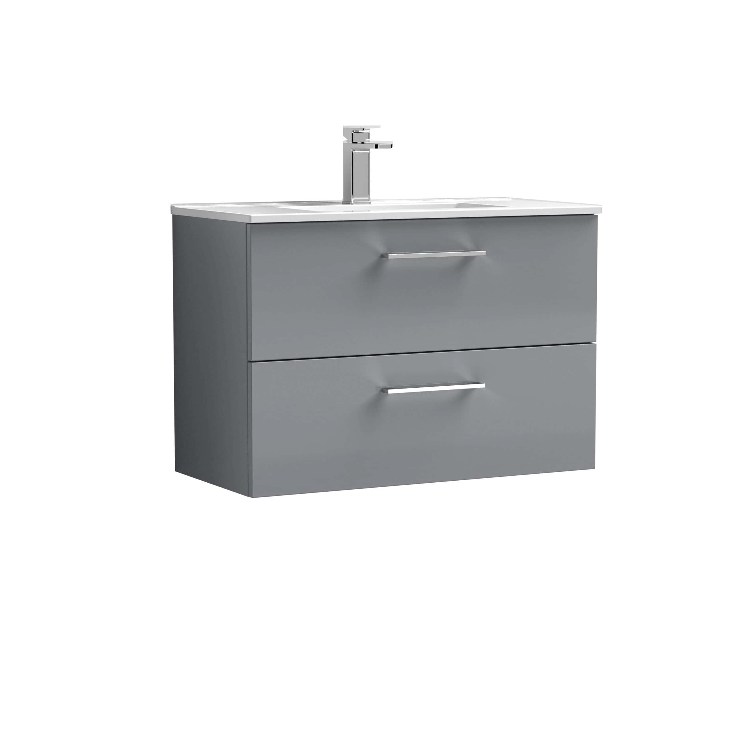 Sleek grey bathroom vanity unit with integrated double drawers and a modern white ceramic countertop with built-in sink and chrome faucet, ideal for contemporary bathroom decor.