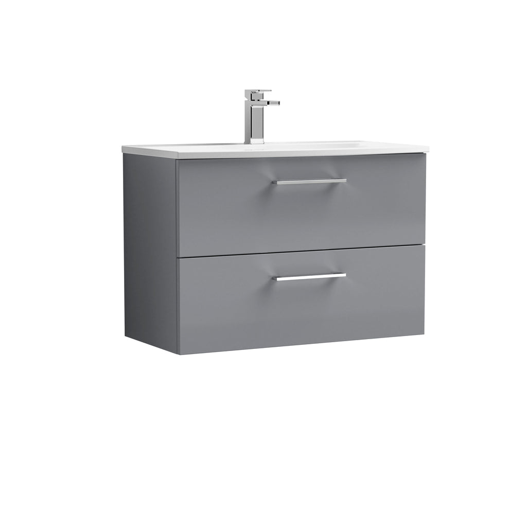 Modern grey bathroom vanity unit with integrated sink and chrome faucet, ideal for contemporary bathroom interiors.