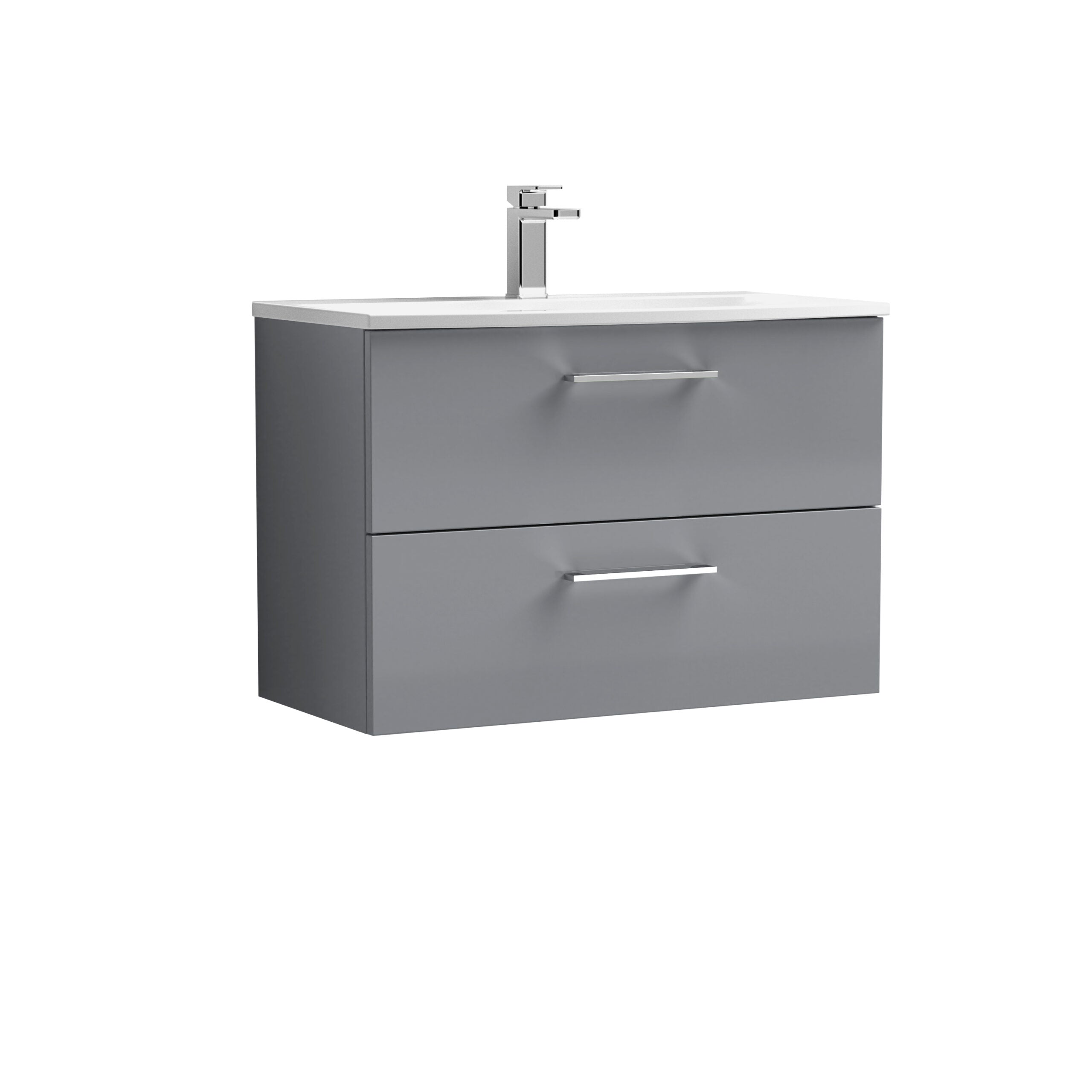 Modern grey bathroom vanity unit with integrated sink and chrome faucet, ideal for contemporary bathroom interiors.