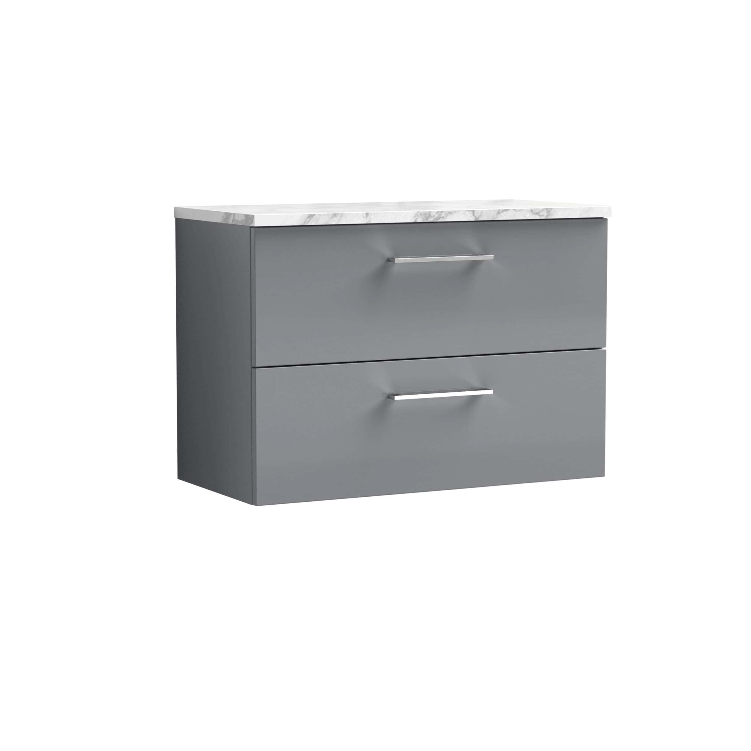 Sleek grey bathroom vanity unit with white marble countertop and modern chrome handles perfect for contemporary bathroom décor.