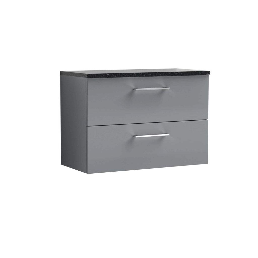 Sleek grey bathroom vanity unit with two spacious drawers and a black speckled countertop, perfect for modern bathroom storage and design.