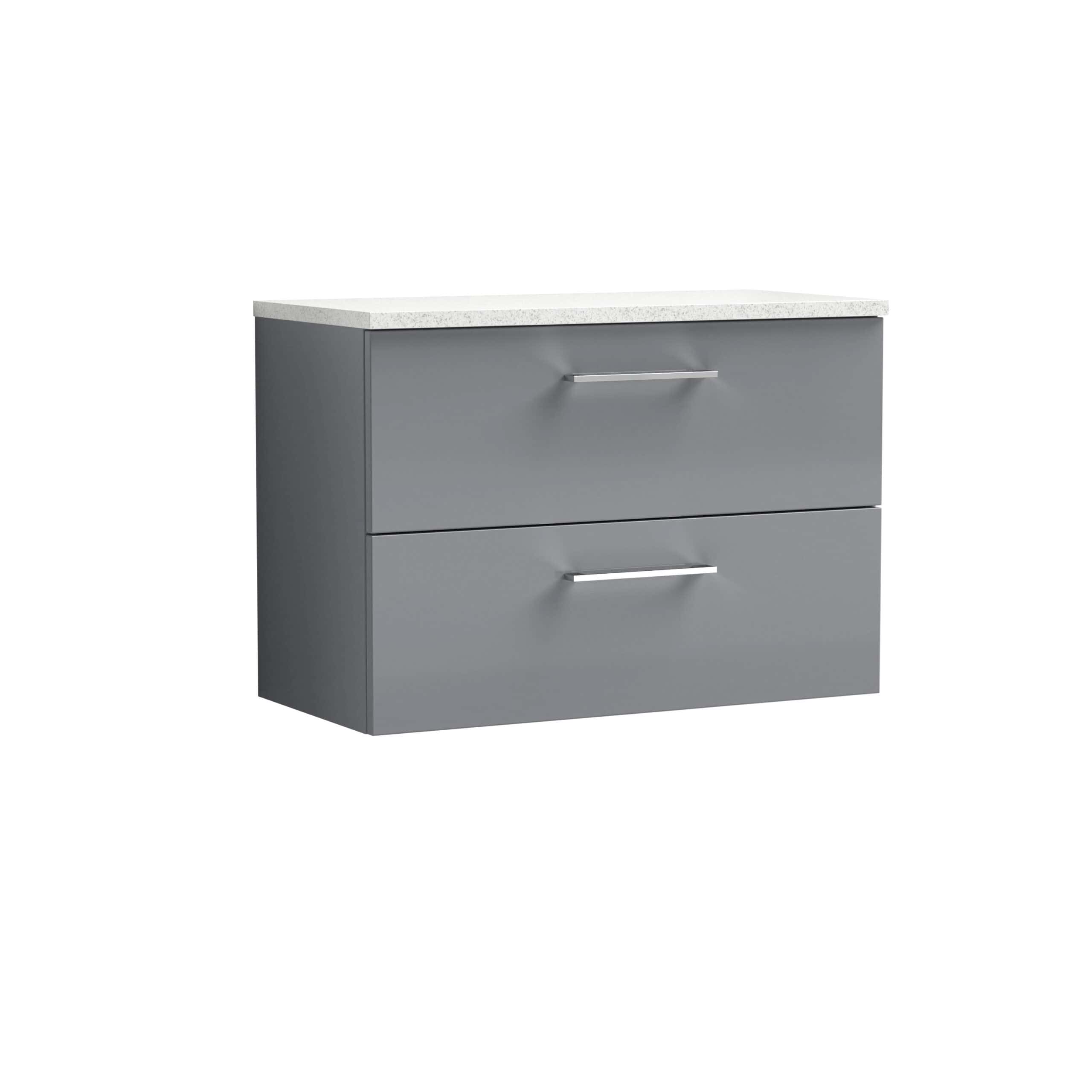 Modern grey bathroom vanity unit with a white countertop, featuring two spacious drawers with sleek silver handles for stylish bathroom storage.
