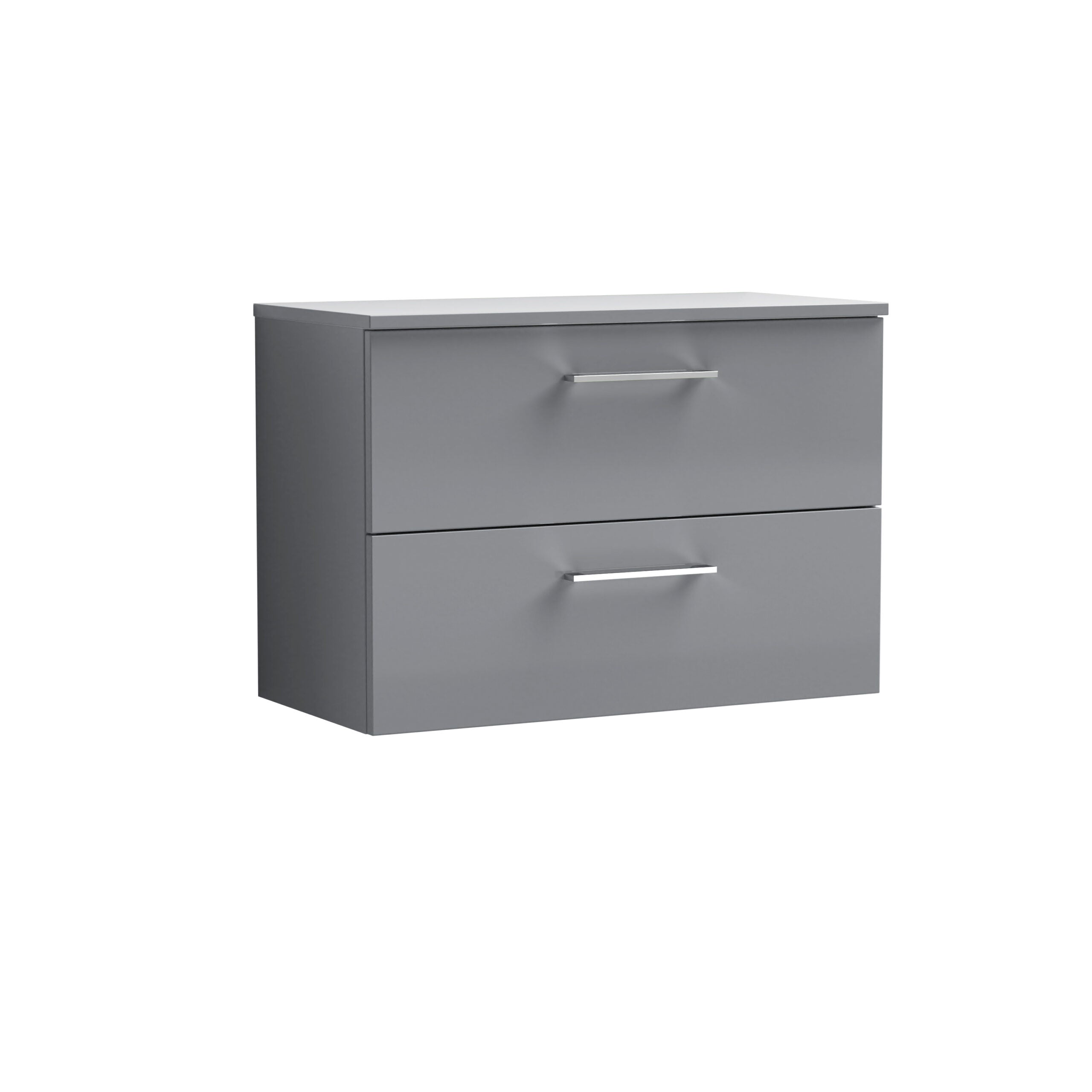 Sleek grey bathroom vanity unit with two drawers, modern chrome handles, and smooth finish, ideal for contemporary bathroom storage solutions.