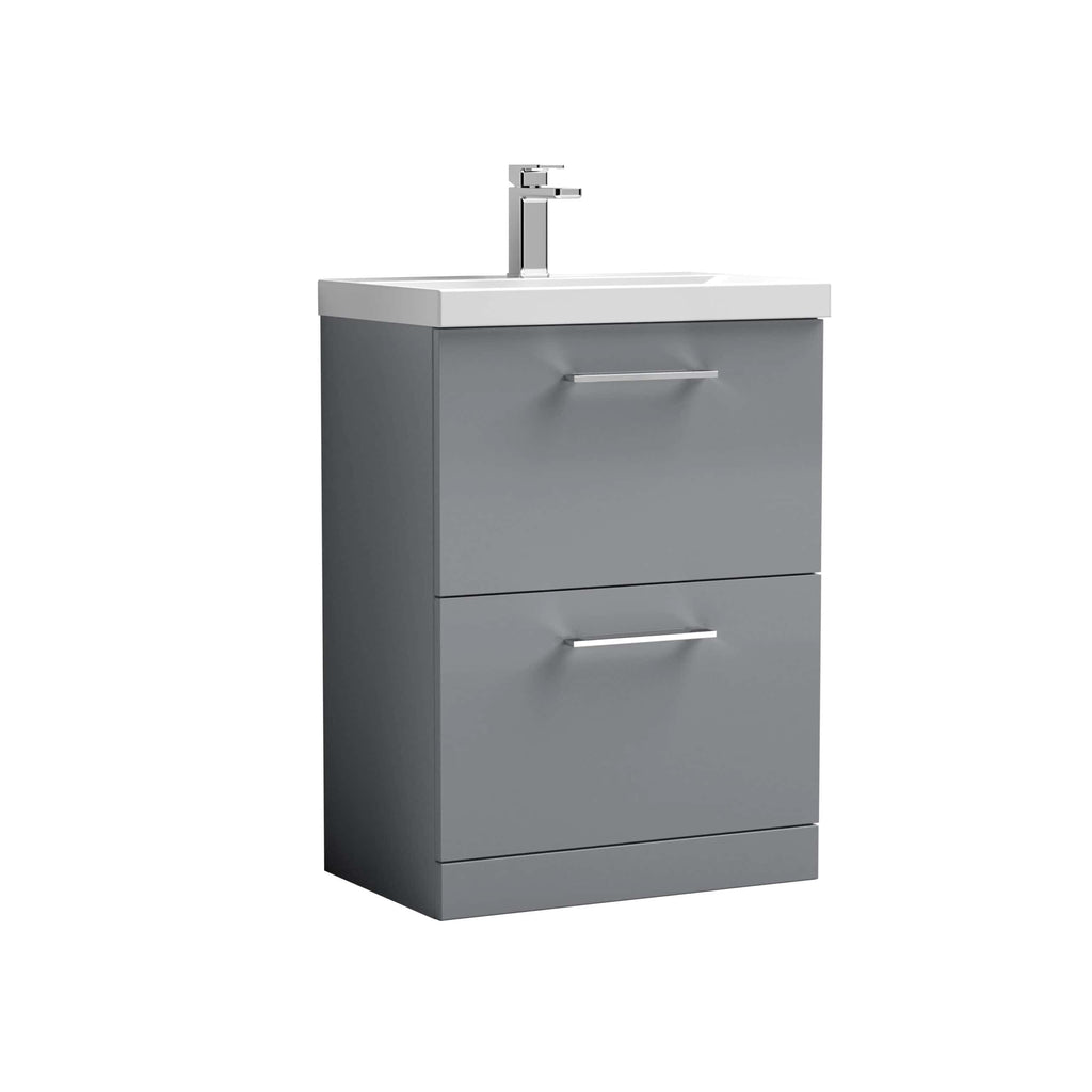 Sleek grey bathroom vanity with integrated sink and modern chrome handles, perfect for contemporary bathroom remodels. Durable, stylish storage solution by Bubly Bathrooms.