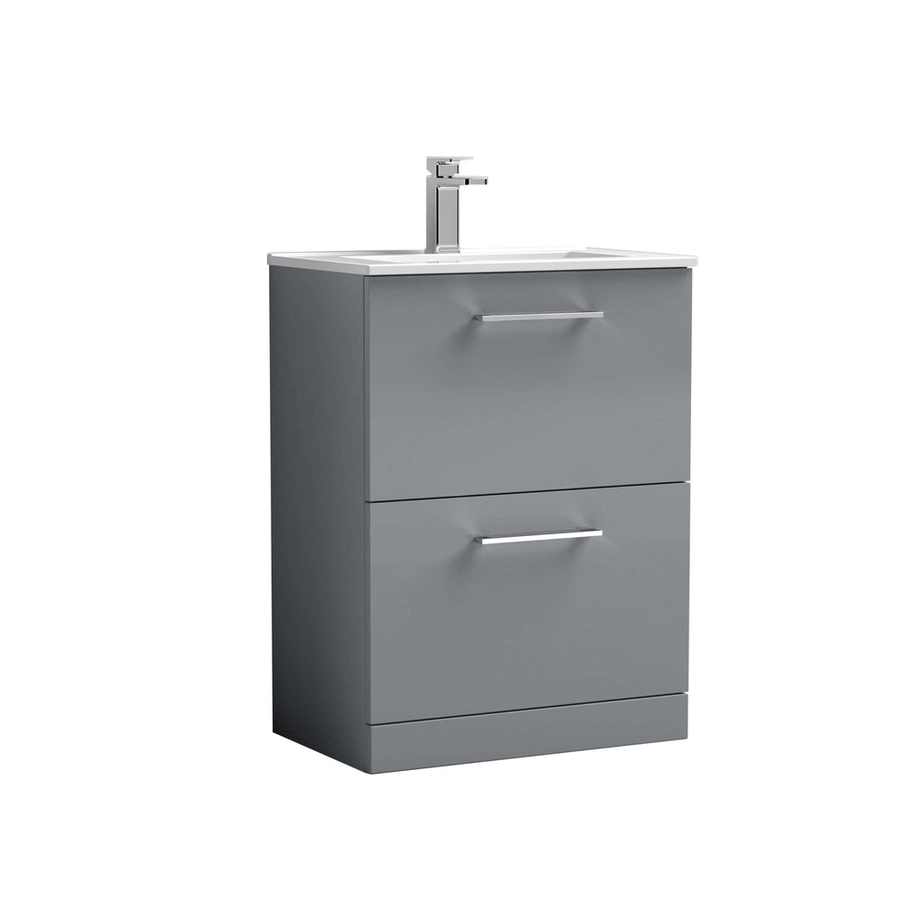Elegant grey bathroom vanity unit with integrated sink and modern chrome handles, perfect for contemporary bathroom decor and optimal space utilisation.