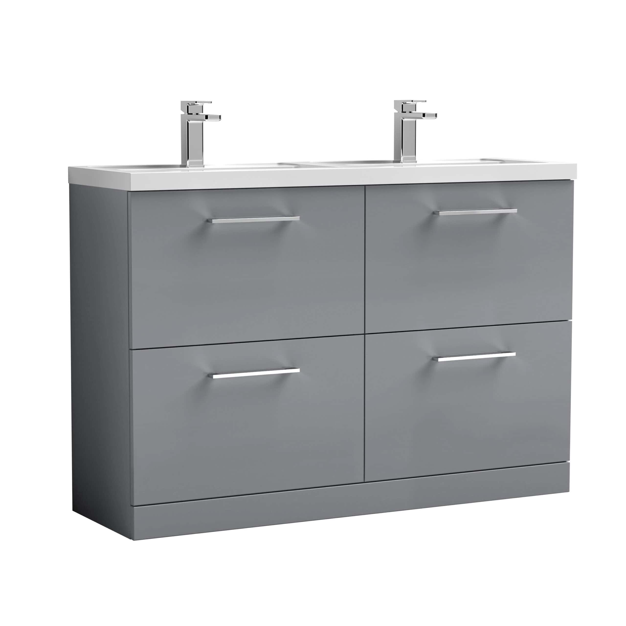 Sleek grey double bathroom vanity with four spacious drawers and two modern chrome faucets, perfect for contemporary bathroom storage and stylish design.