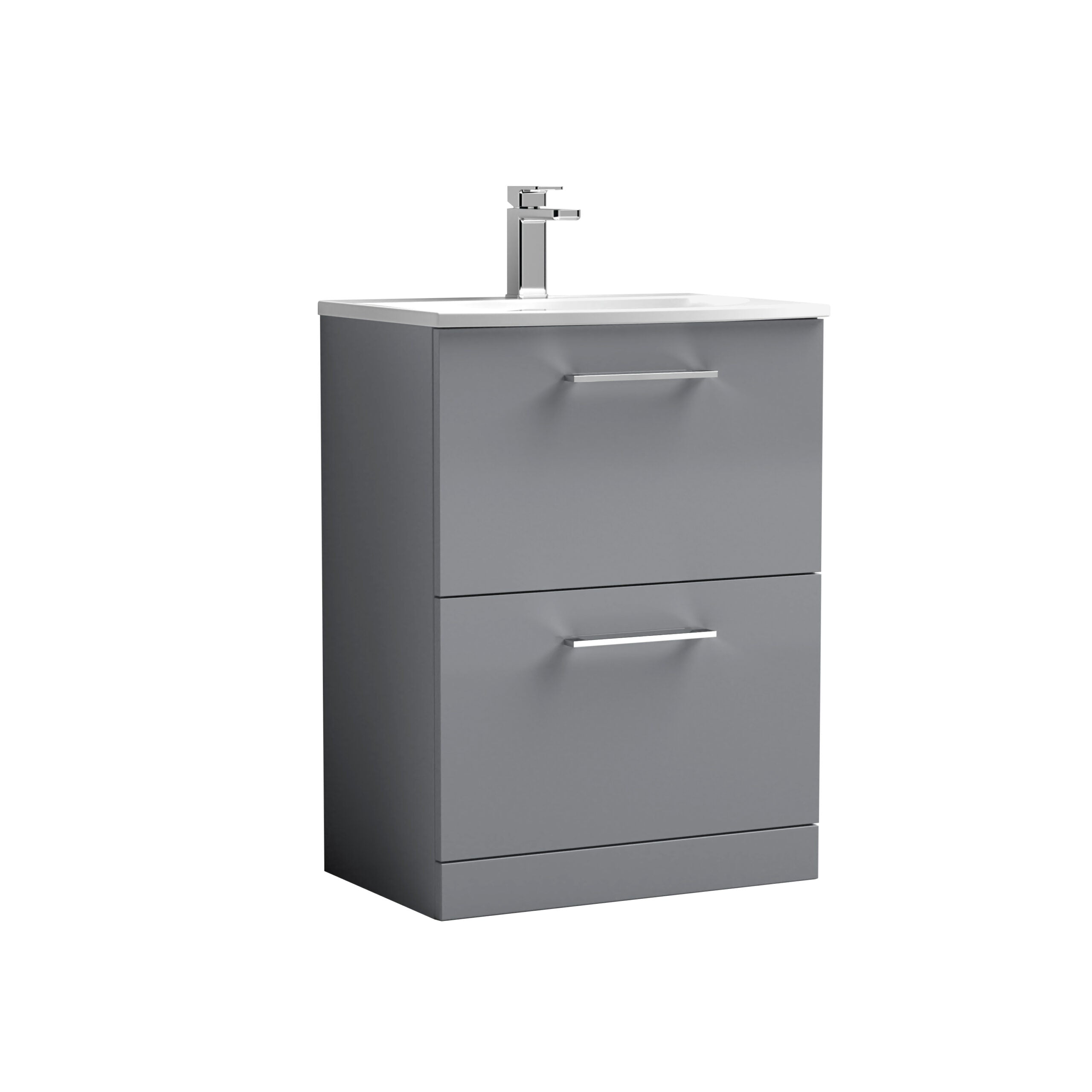 Modern grey bathroom vanity with integrated sink and chrome handles, ideal for contemporary bathroom design. Perfect for bathroom storage and style.