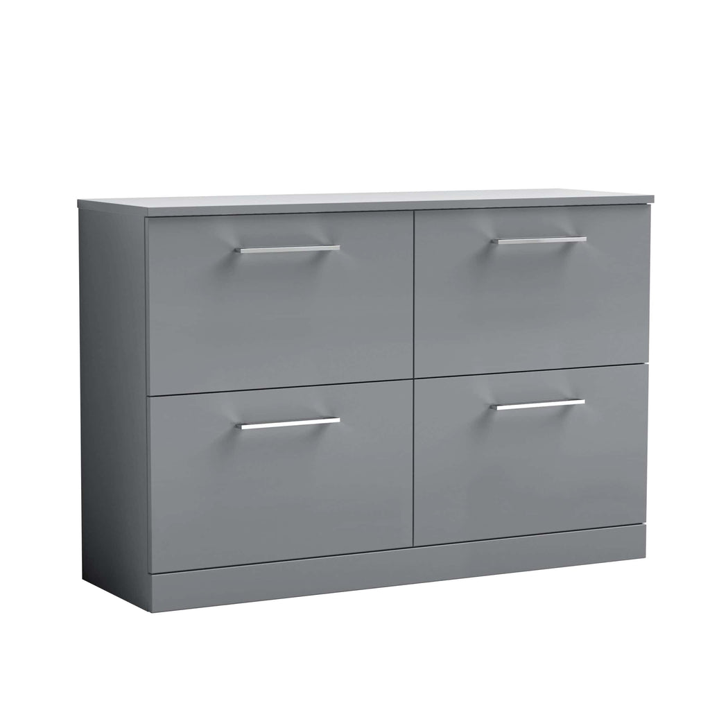 Modern grey bathroom storage cabinet with four drawers and sleek metal handles, ideal for organising bathroom essentials and adding contemporary style.