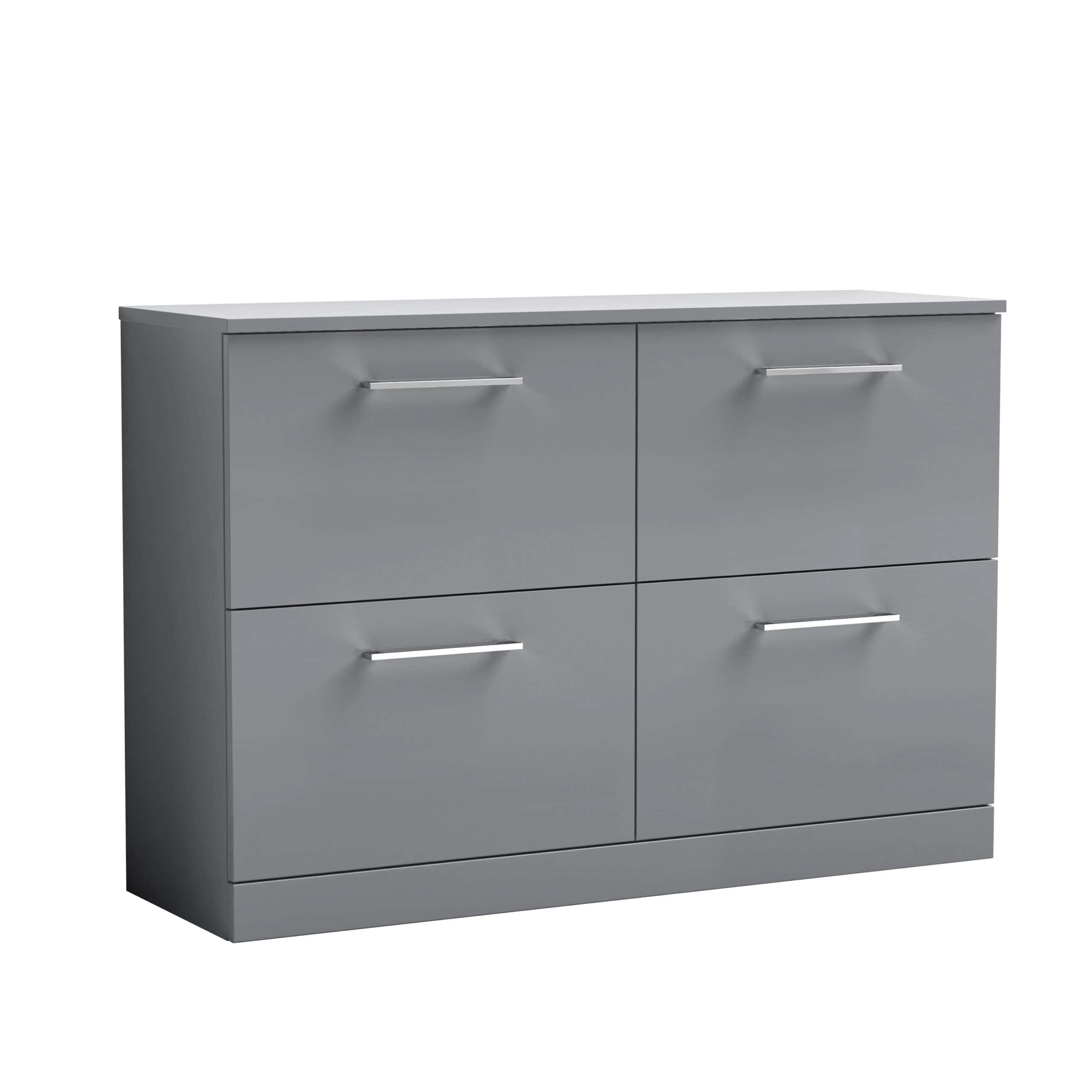 Modern grey bathroom storage cabinet with four drawers and sleek metal handles, ideal for organising bathroom essentials and adding contemporary style.
